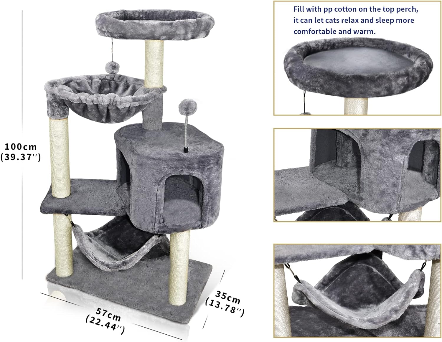 Newest Cat Tree with Cat Condo and Big Hammock，Grey