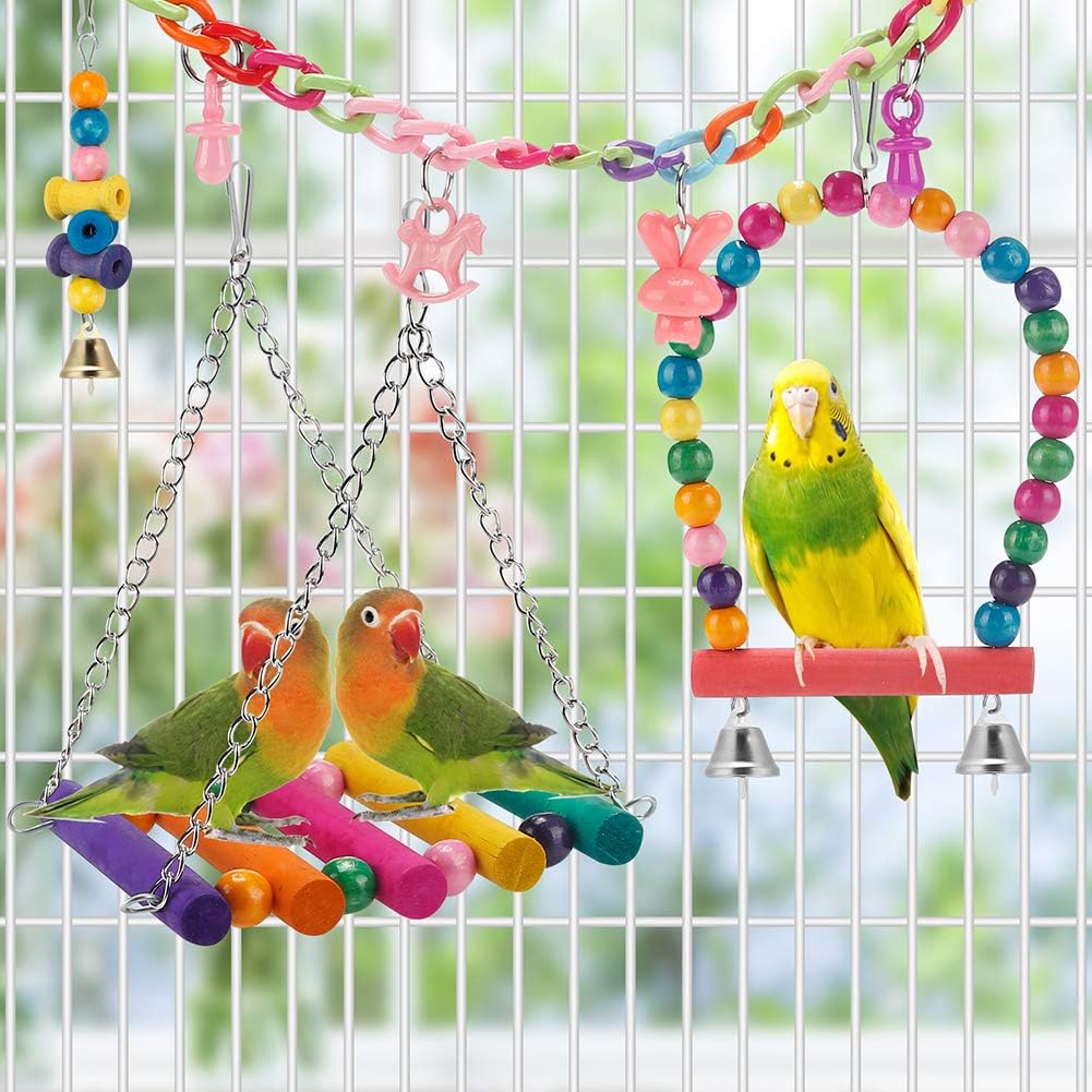 Spielzeug für Vogelsittiche, Schaukel, hängendes, stehendes Kauspielzeug, Hängematte, Kletterleiter, Vogelkäfig, buntes Spielzeug, geeignet für Wellensittiche, Sittiche, Sittiche, Nymphensittiche, Mynah, Liebesvögel, Finken 