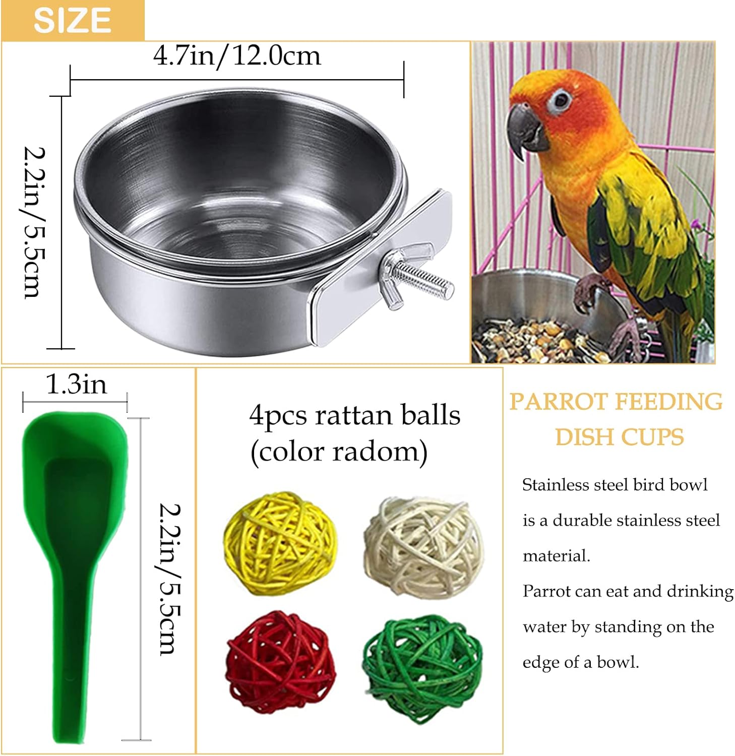 kathson Parrot Feeding Dish Cups,Stainless Steel Bird Food Water Bowl Parakeet Feeder Birds Cage Ball Toys with Clamp Holder for Cockatiel Macaw Budgies Small Animal Chinchilla (7 Pcs)