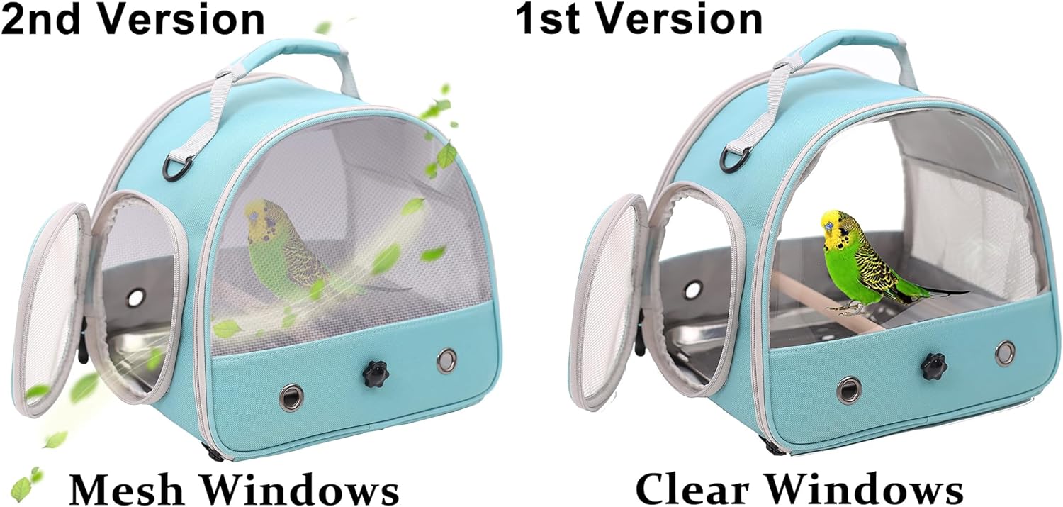 Small Bird Travel Cage Carrier, Portable Small Bird Parrot Parakeet Carrier with Standing Perch and Stainless Steel Tray, Side Access Window Collapsible