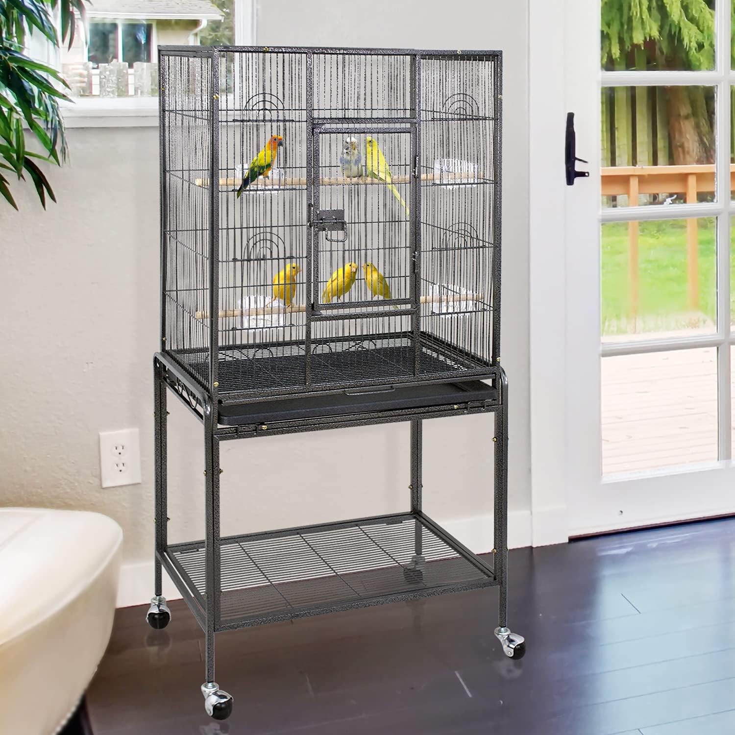 ZENY 53-Inch Bird Flight Cage, Wrought Iron Standing Large with Rolling Stand for Cockatiels Pet Parrot Parakeet Lovebird Canary Finch (White)