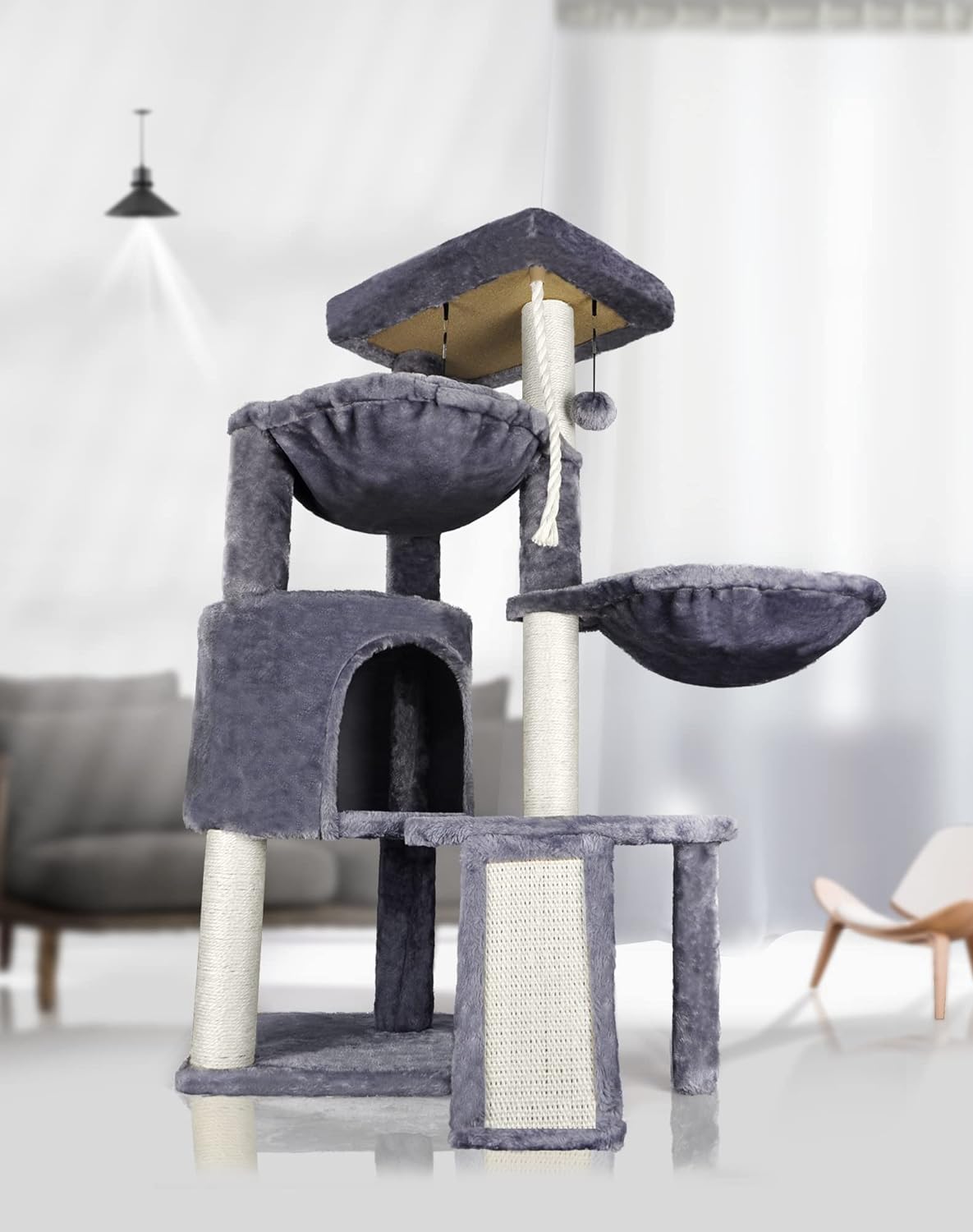 Xin Three Layer Cat Tree with Cat Condo and Two Hammocks,Grey