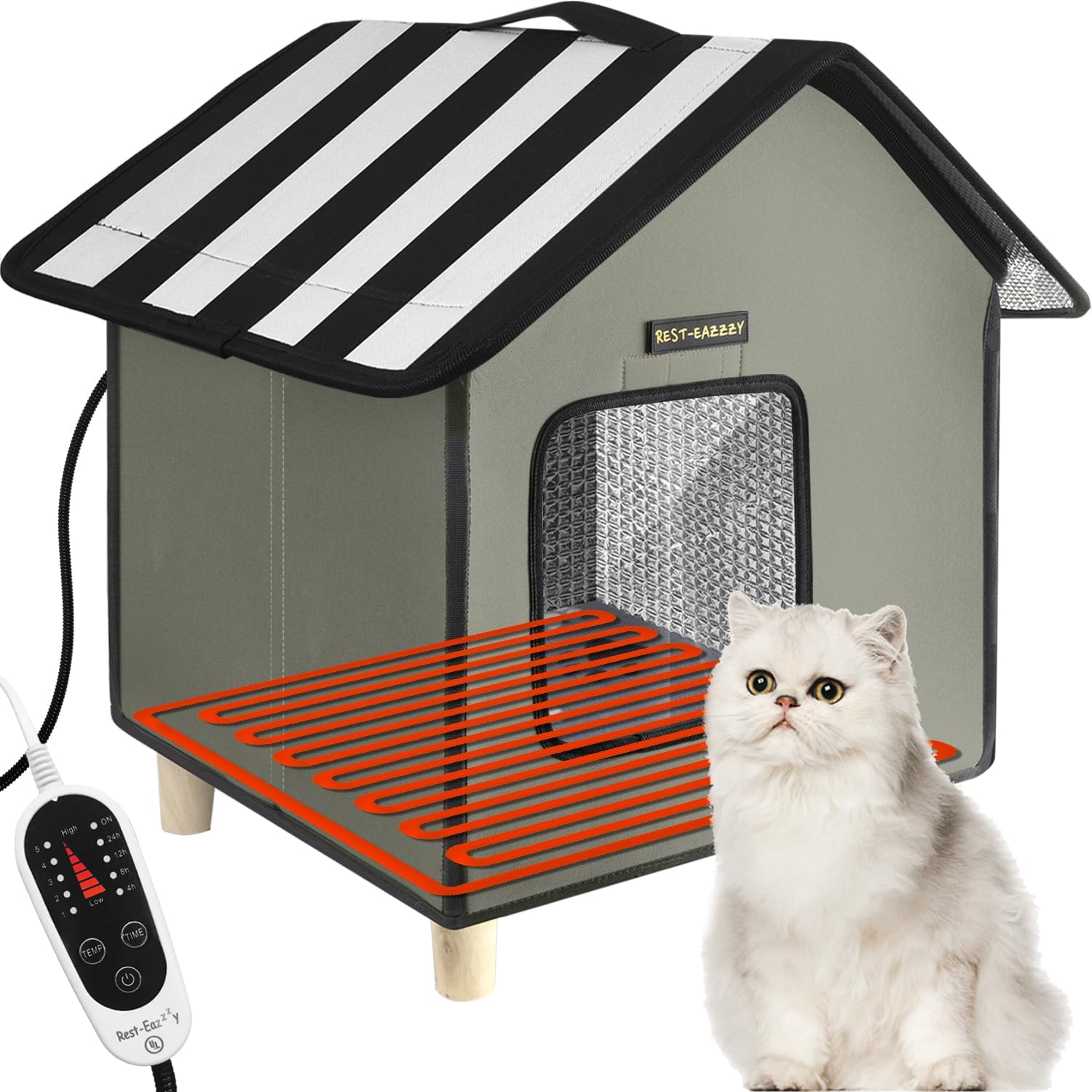 Rest-Eazzzy Cat House, Outdoor Cat Bed, Weatherproof Cat Shelter for Outdoor Cats Dogs and Small Animals (Heat Grey S)