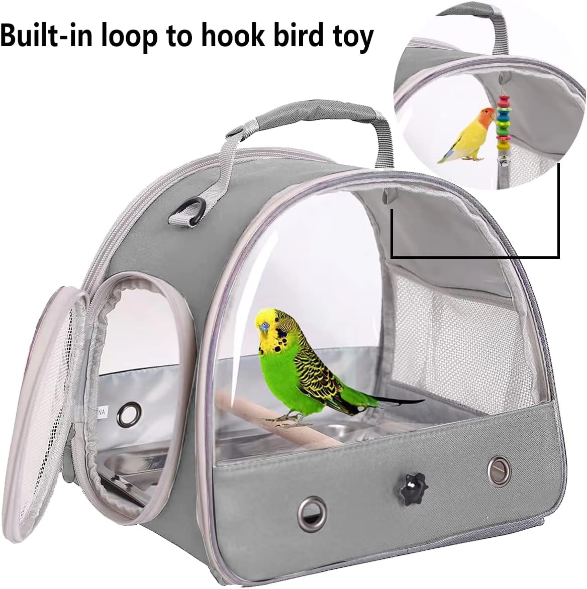 Small Bird Travel Cage Carrier, Portable Small Bird Parrot Parakeet Carrier with Standing Perch and Stainless Steel Tray, Side Access Window Collapsible