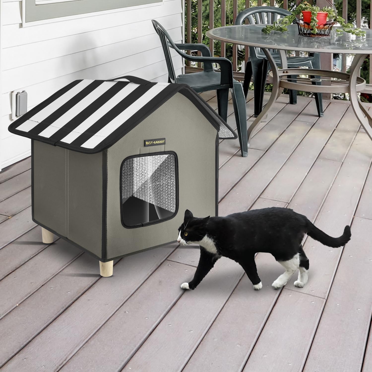 Rest-Eazzzy Casa para gatos, cama para gatos al aire libre, refugio para gatos resistente a la intemperie para gatos al aire libre, perros y animales pequeños (gris calor S) 