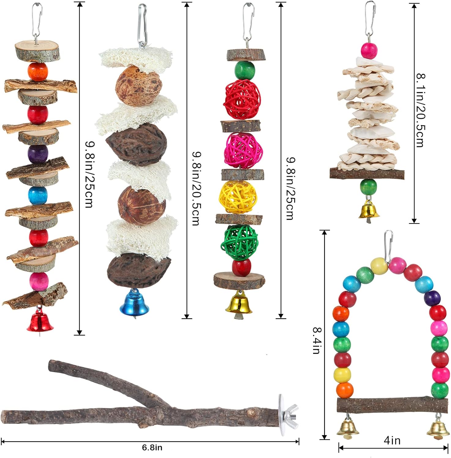 Vogelsitzstange, Vogelspielzeug, Sittichspielzeug, 6 Stück, Vogelkäfig-Zubehör, Holz-Kauspielzeug, Sitzstangenständer für Papageien, Sittiche, Nymphensittiche, Wellensittiche, Wellensittiche, Finken und andere kleine bis mittelgroße Vögel 