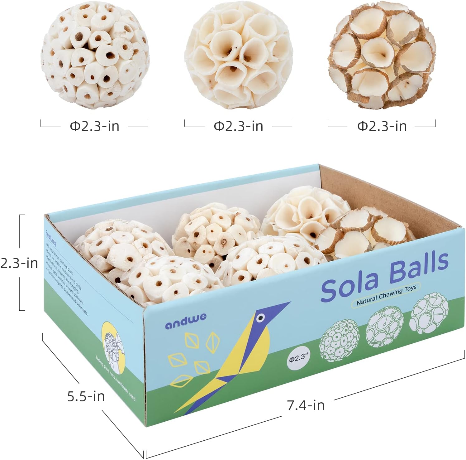 andwe Bird Toy Sola Balls – Juguete natural suave para masticar trituración y forraje para cacatúa, conure, cuáquero, loro, periquito, conejo, conejo, cobaya, chinchilla (estilo 2 (paquete de 6)) 