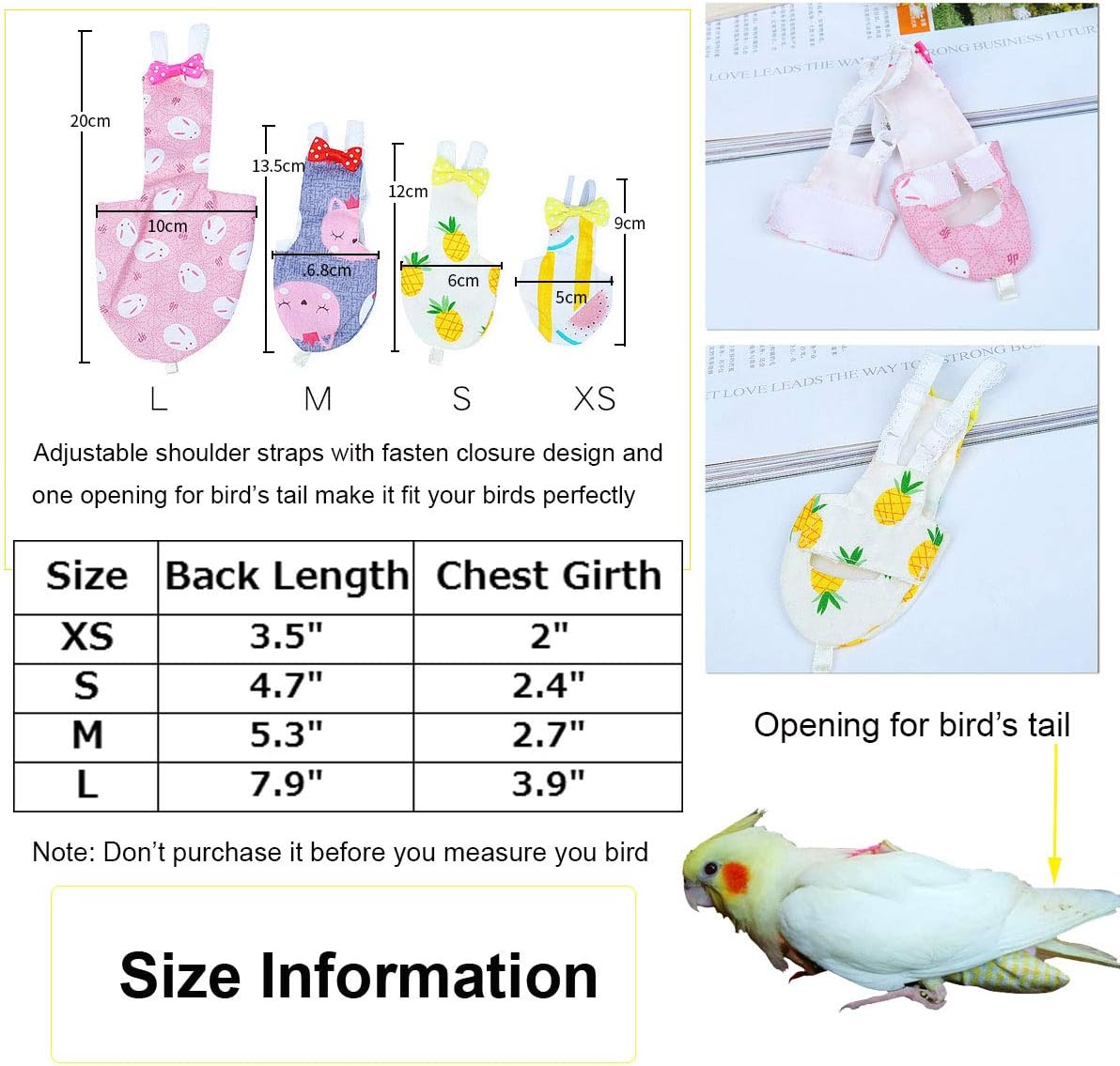 Bonaweite Bird Diaper Flight Suite Liners, Protective Parrot Nappy with Waterproof Inner Layer, Cute Urine Wet Suit for Macaw African Budgies Parakeet Agapornis Fischeri Cockatiel