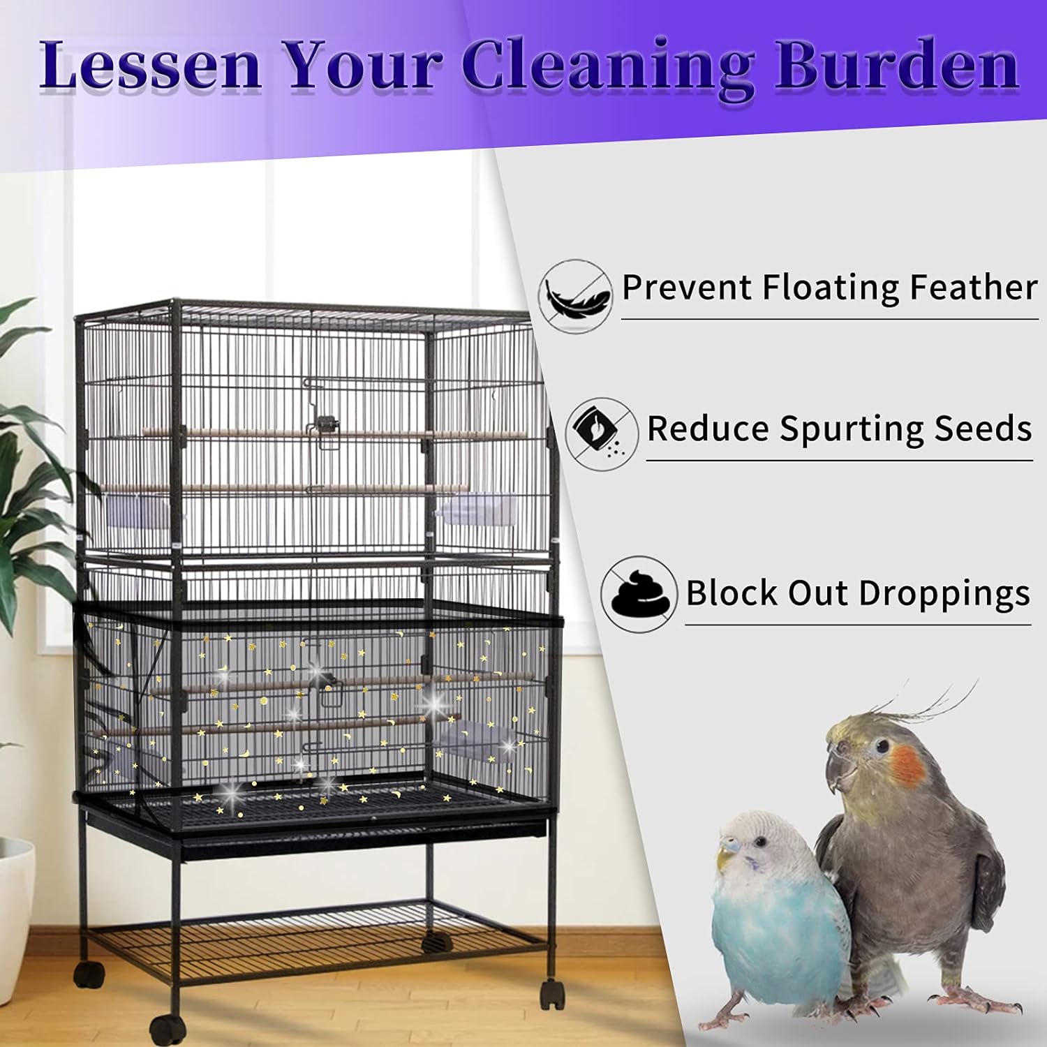 Daoeny Large Bird Cage Cover, Bird Cage Seed Catcher, Adjustable Soft Airy Nylon Mesh Net, Birdcage Cover Skirt Seed Guard for Parrot Parakeet Macaw African Round Square Cages (Black)