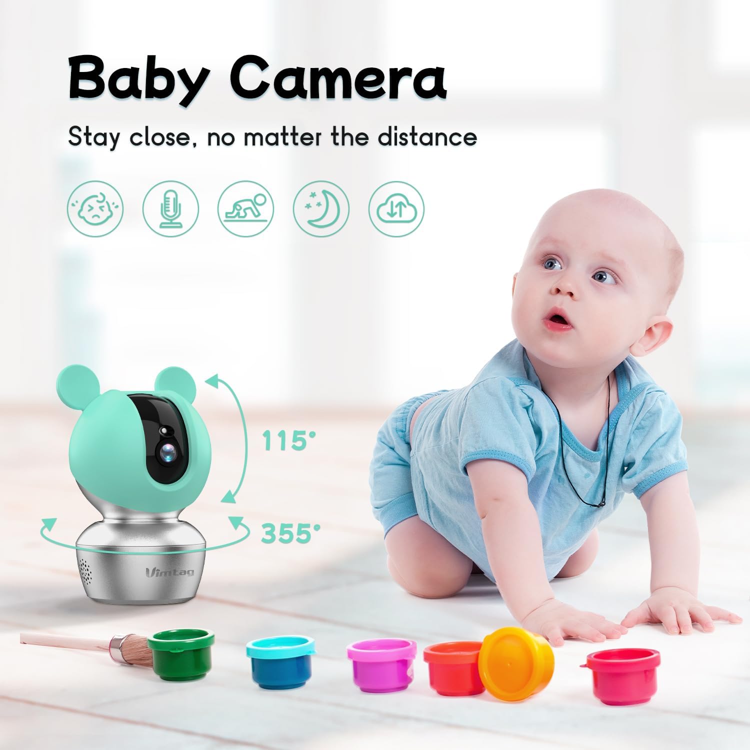 VIMTAG Pet Camera, 2.5K HD Pet Cam, 360° Pan/Tilt View Angel with Two Way Audio, Dog Camera with Phone APP, Motion Tracking Alarm,Night Vision,24/7 Recording with Cloud/Local SD, Smart Home Indoor Cam