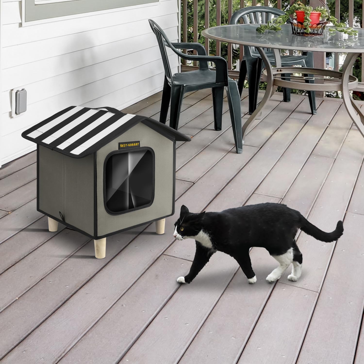 Rest-Eazzzy Cat House, Outdoor Cat Bed, Weatherproof Cat Shelter for Outdoor Cats Dogs and Small Animals (Heat Grey S)