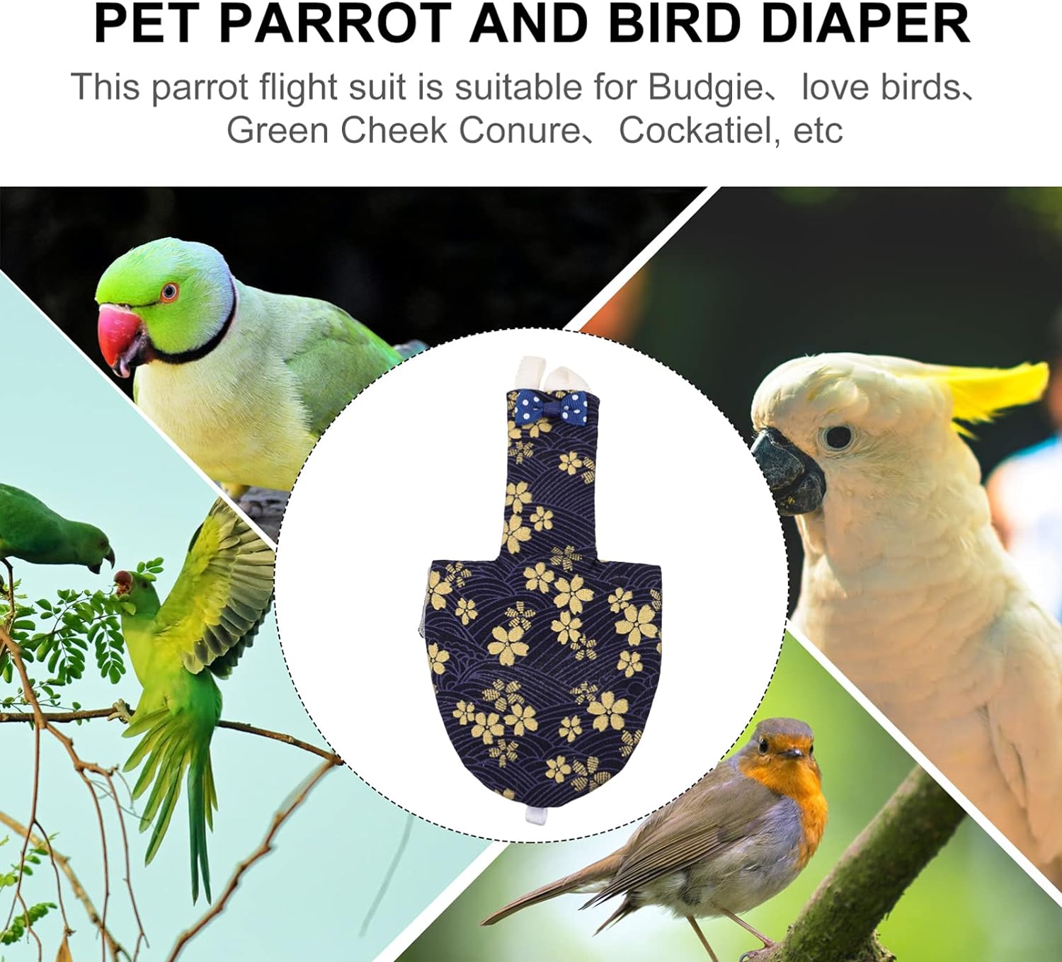 Bird Diaper - Bird Flight Suit Washable Reusable Parrots Nappy Clothes with Leash Hole Parrot Diaper Bird Clothes Bird Suit for Budgie Parakeet Cockatiel