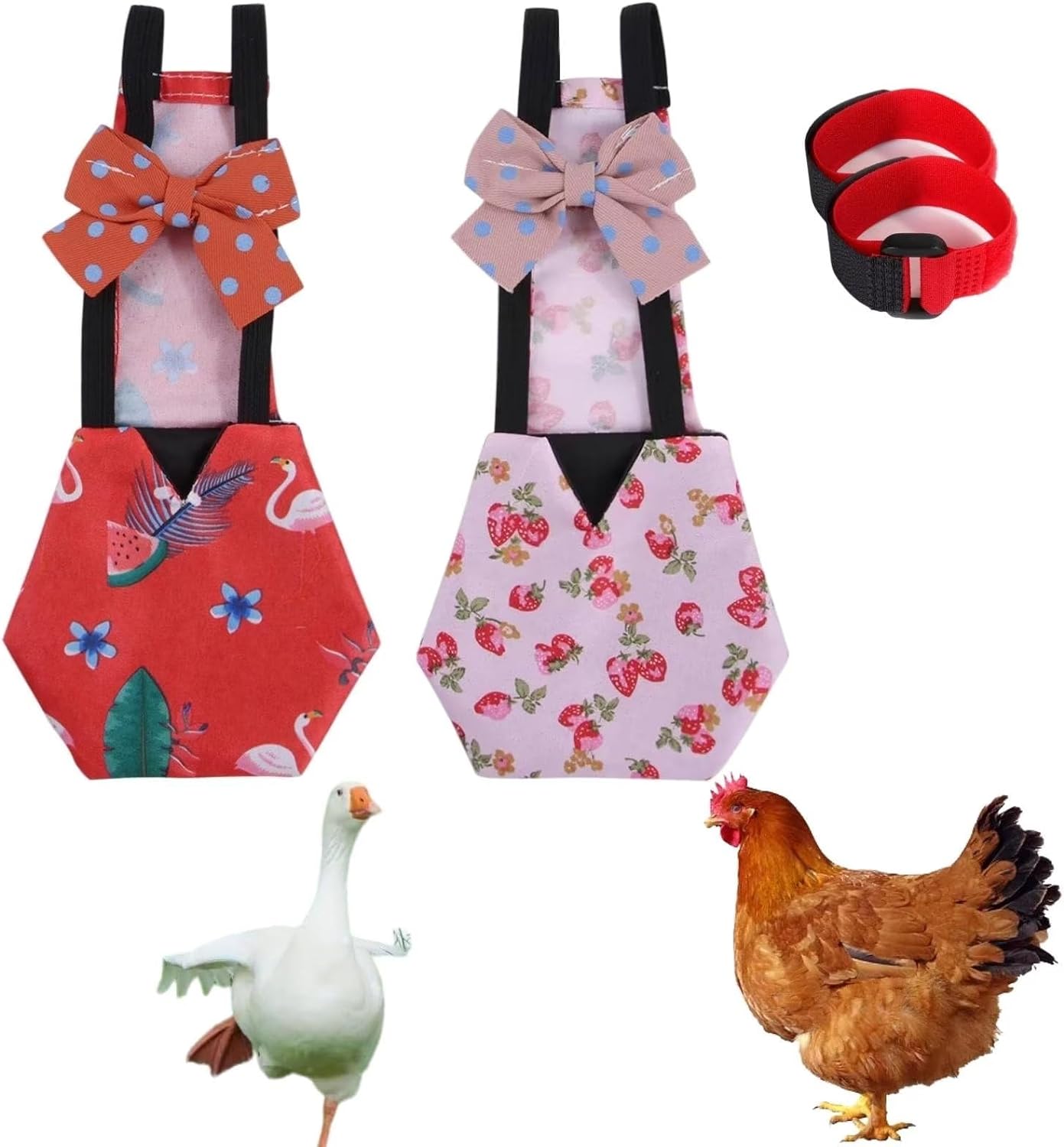 2 pañales de pollo reutilizables con 2 paquetes de collar de gallo, pañales para aves de corral, pañales para mascotas de uso múltiple para pollitos, patitos y ansarones, pañales de pato lavables con pajarita, accesorios para pollo (mediano) 