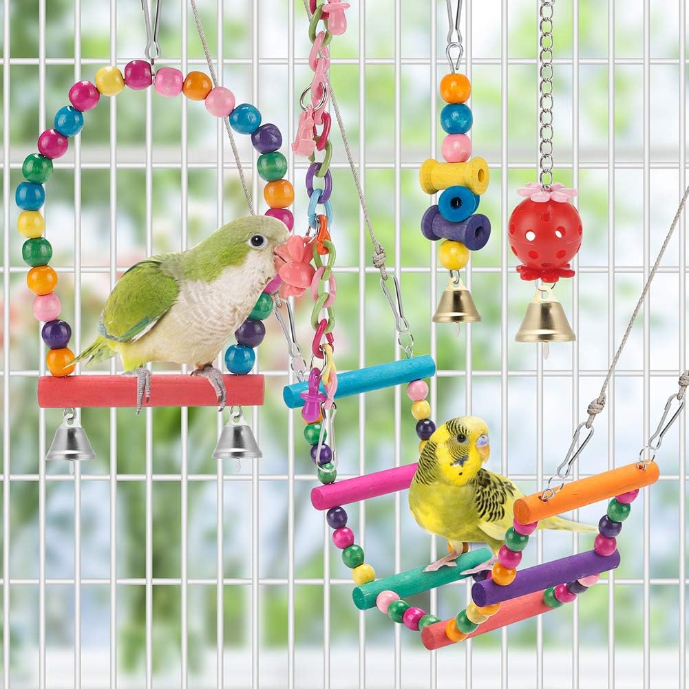 Spielzeug für Vogelsittiche, Schaukel, hängendes, stehendes Kauspielzeug, Hängematte, Kletterleiter, Vogelkäfig, buntes Spielzeug, geeignet für Wellensittiche, Sittiche, Sittiche, Nymphensittiche, Mynah, Liebesvögel, Finken 