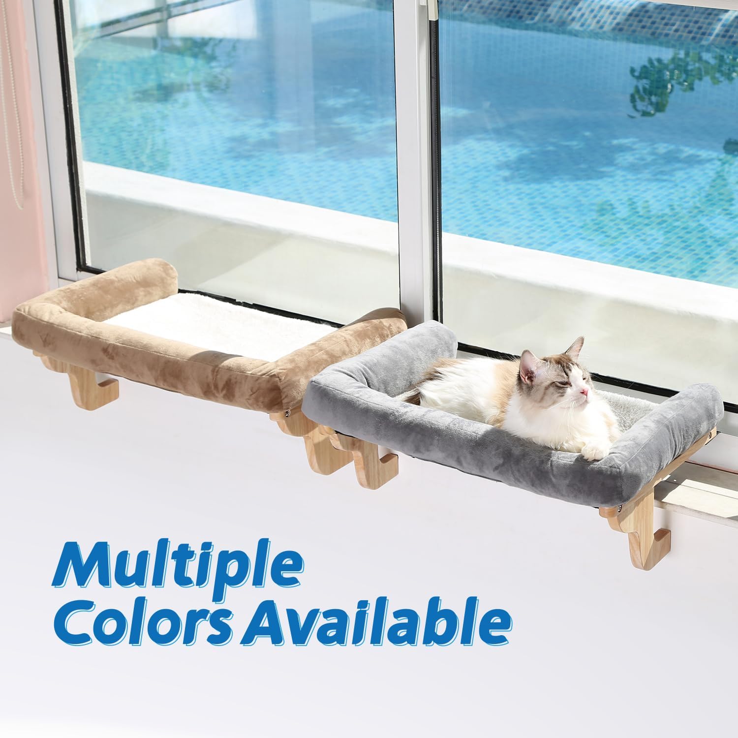 Zakkart Percha para gato para alféizar de ventana con refuerzo - Diseño de hamaca ortopédica con madera dura de primera calidad y marco de metal robusto - Asiento de ventana para gatos y gatitos grandes - Madera de color natural con cama gris 