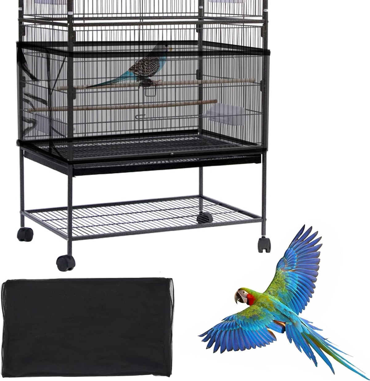 Daoeny Large Bird Cage Cover, Bird Cage Seed Catcher, Adjustable Soft Airy Nylon Mesh Net, Birdcage Cover Skirt Seed Guard for Parrot Parakeet Macaw African Round Square Cages (Black)