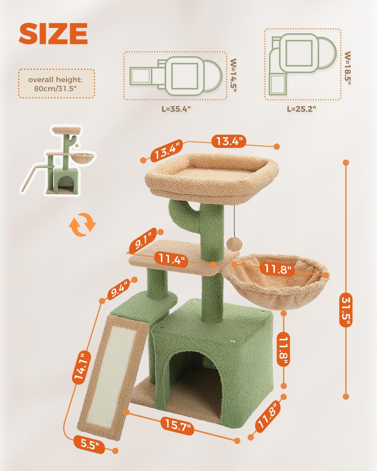 PETEPELA Kratzbaum für kleine Zimmerkatzen, Plüsch-Katzenturm mit großer Katzenwohnung, tiefer Hängematte und Sisal-Katzenkratzbaum für Kätzchen, Grau 