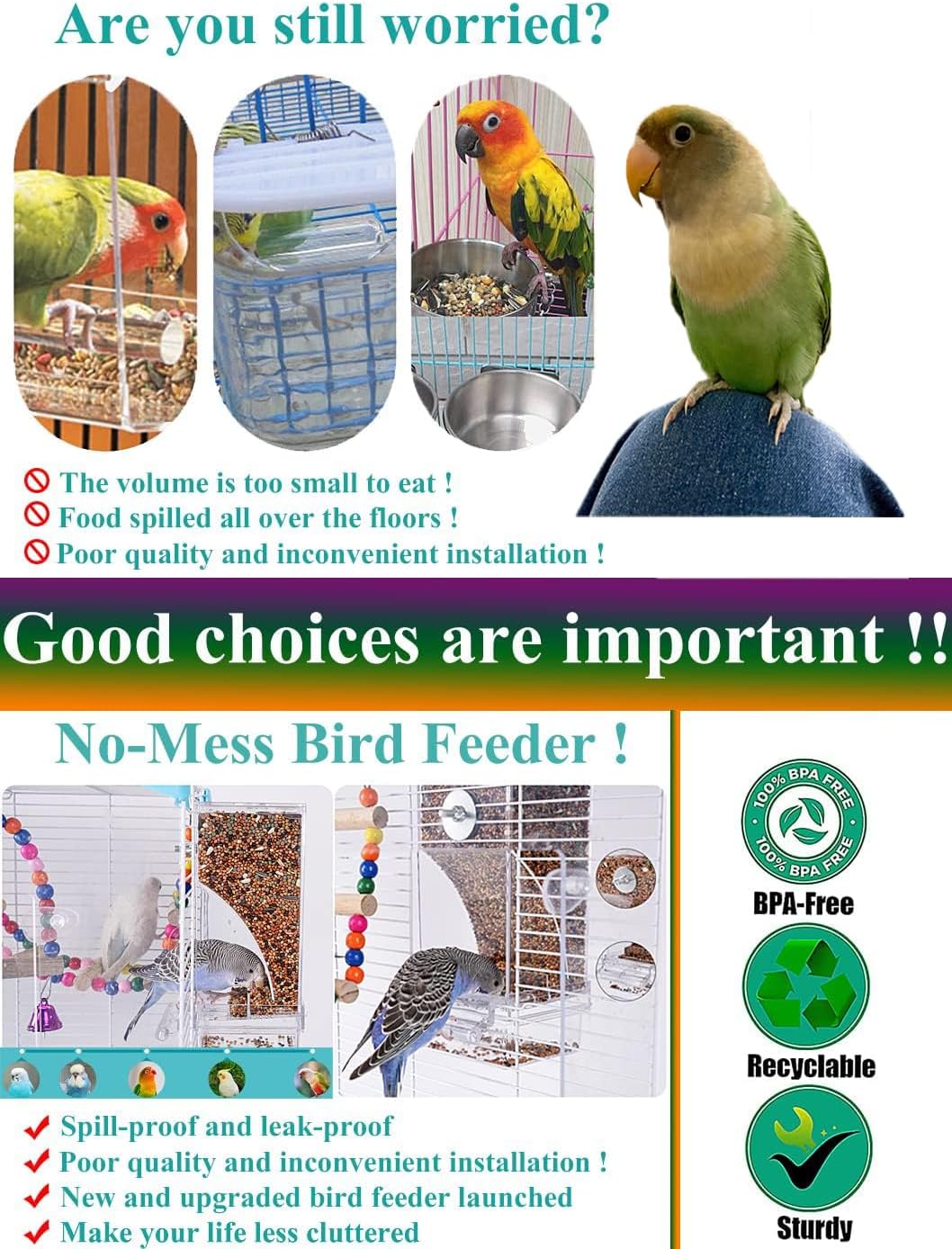 Kenond No Mess Bird Feeder Water Dispenser Set, Automatic Parrot Feeder Cage Accessories, Clear Parakeet Seed Container Food Feeder Drinker for Cage, Cockatiel Squirrel Finch Lovebirds Budgies Canary