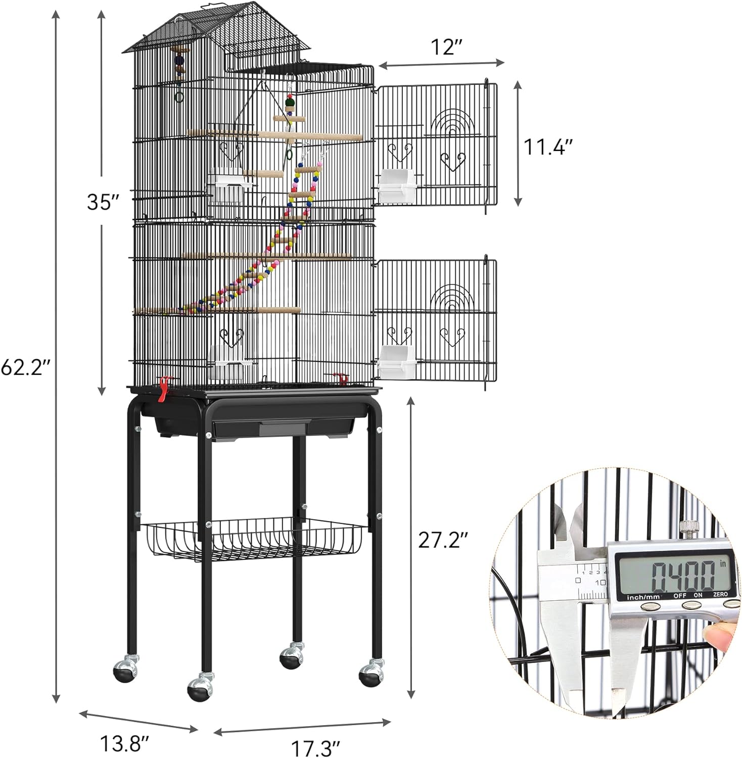 YITAHOME Jaula de metal para pájaros de 62 pulgadas, jaulas grandes para periquitos para loros, cacatúas, agapornis, palomas con techo, soporte rodante y juguetes colgantes 