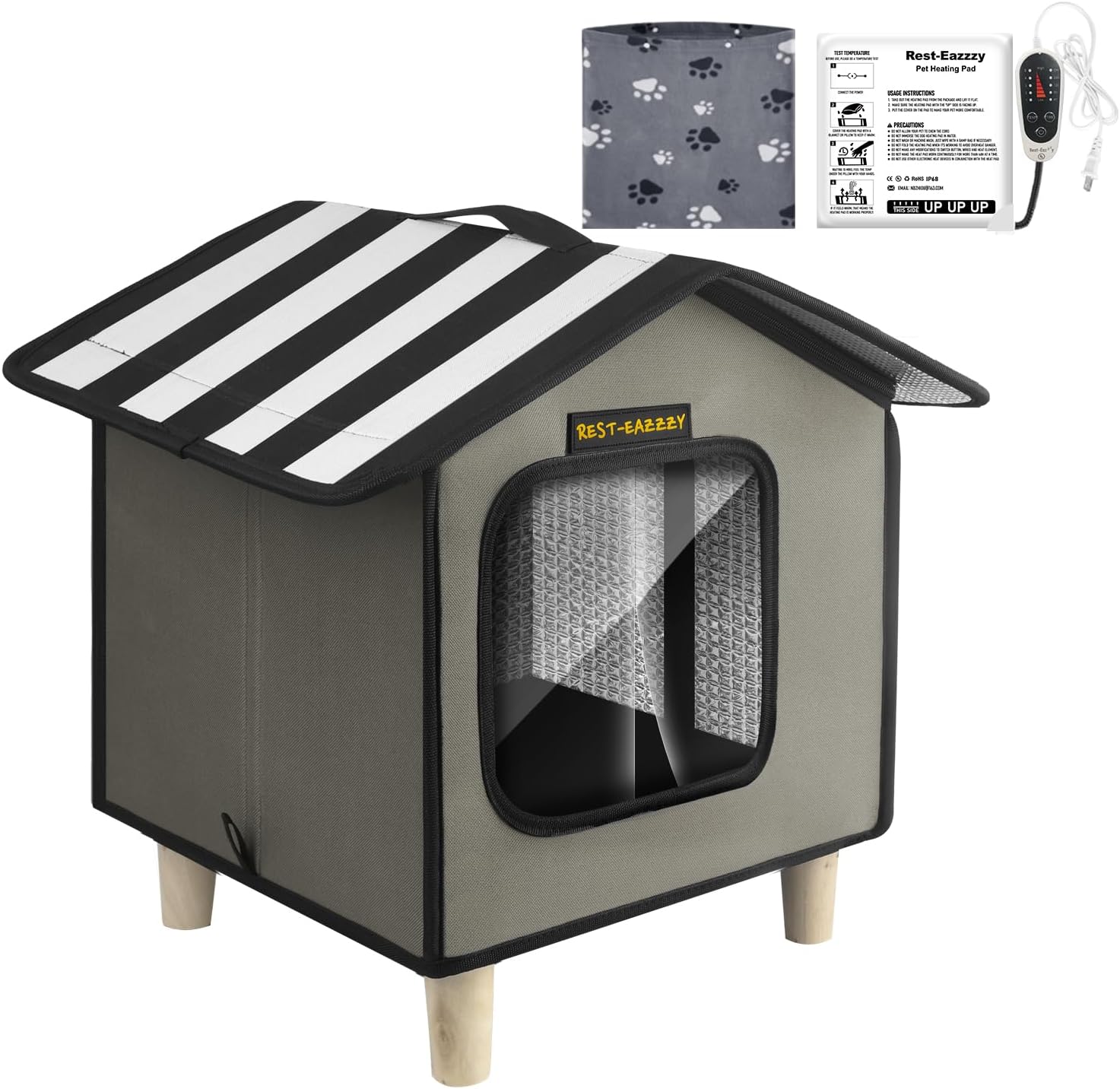 Rest-Eazzzy Cat House, Outdoor Cat Bed, Weatherproof Cat Shelter for Outdoor Cats Dogs and Small Animals (Heat Grey S)