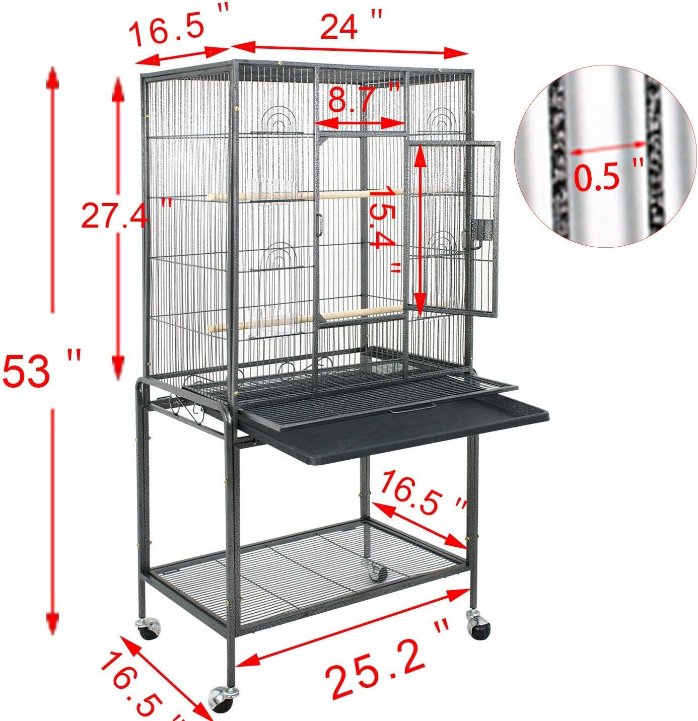 ZENY 53-Inch Bird Flight Cage, Wrought Iron Standing Large with Rolling Stand for Cockatiels Pet Parrot Parakeet Lovebird Canary Finch (White)