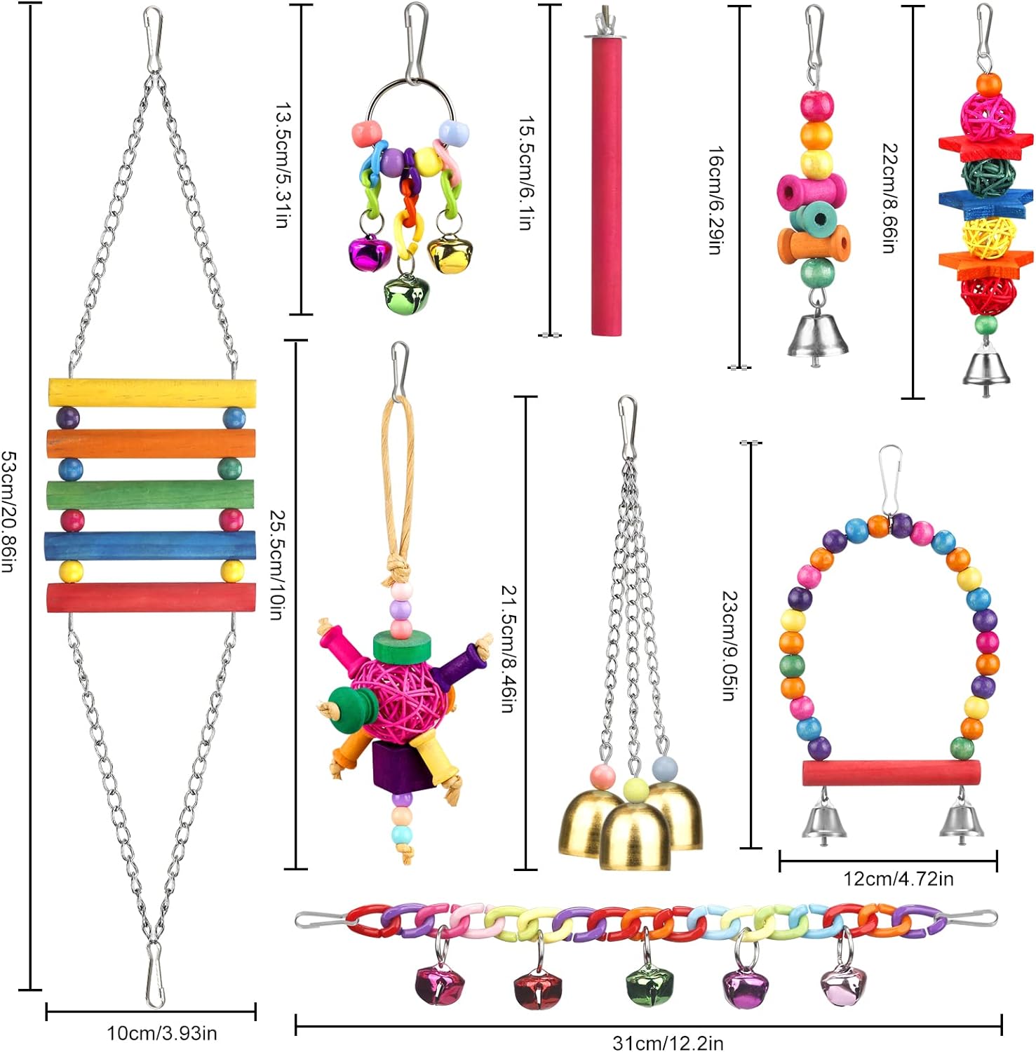 Bird Toys for Conures with Colorful Ladder Hammock Bird Cage Accerious Bird Perch Stand Chewing Toys Hanging Bell Parrot Parakeet Cockatiel Lovebirds