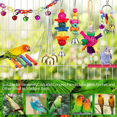 Bird Toys for Conures with Colorful Ladder Hammock Bird Cage Accerious Bird Perch Stand Chewing Toys Hanging Bell Parrot Parakeet Cockatiel Lovebirds