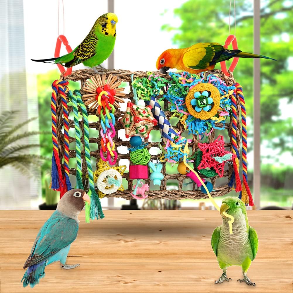 YIXUND Bird Toys Bird Foraging Toys for Parakeets Cockatiel Conures Lovebirds Bird Foraging Shredding Seagrass Wall with Various Toys for Birds