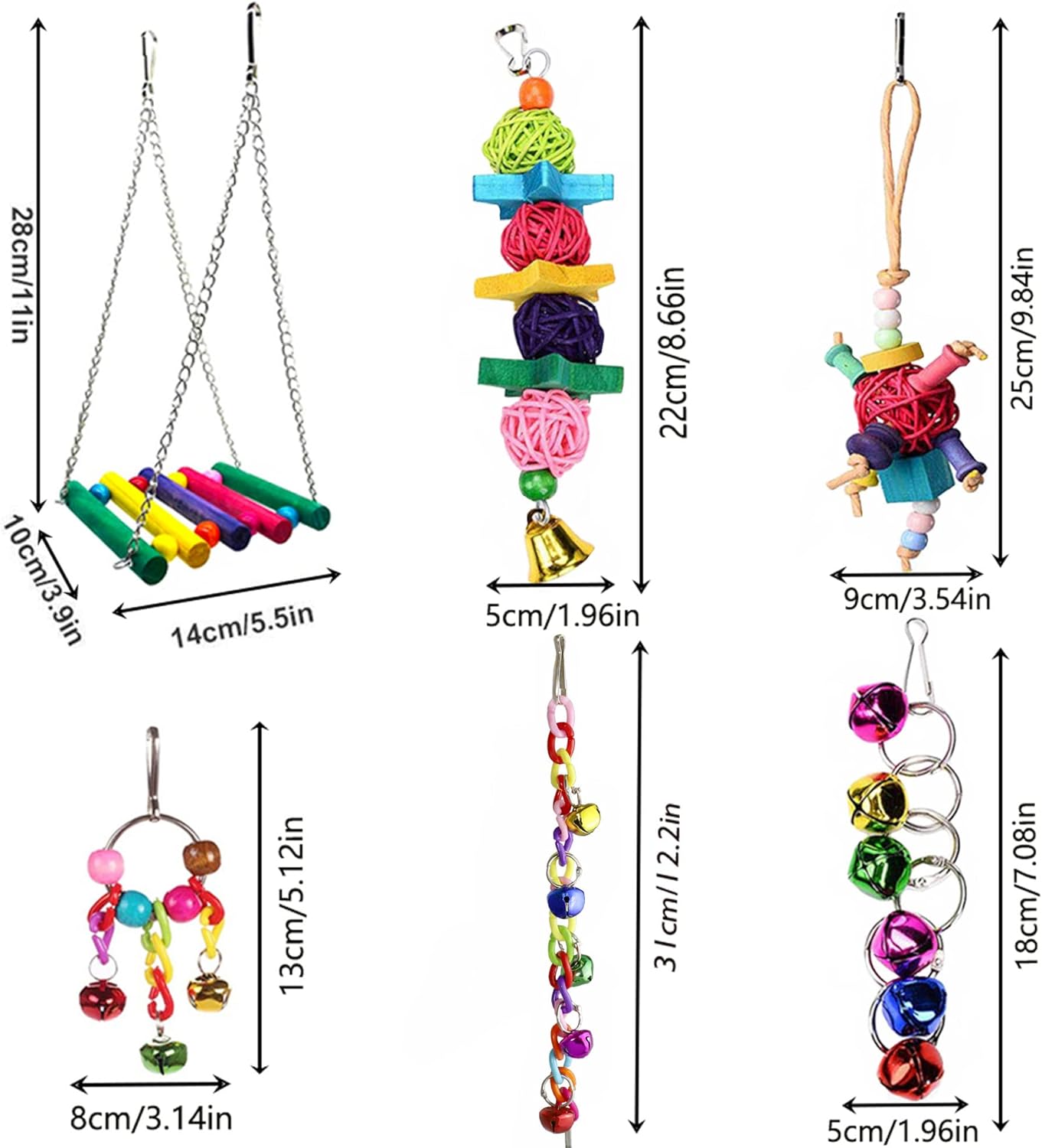 ESRISE 8 piezas de juguetes para pájaros, cacatúas, periquitos, campanas colgantes, jaula para pájaros, hamaca, columpio, juguete de madera para masticar percas, periquitos, conures, pájaros del amor, pinzones, mynah 