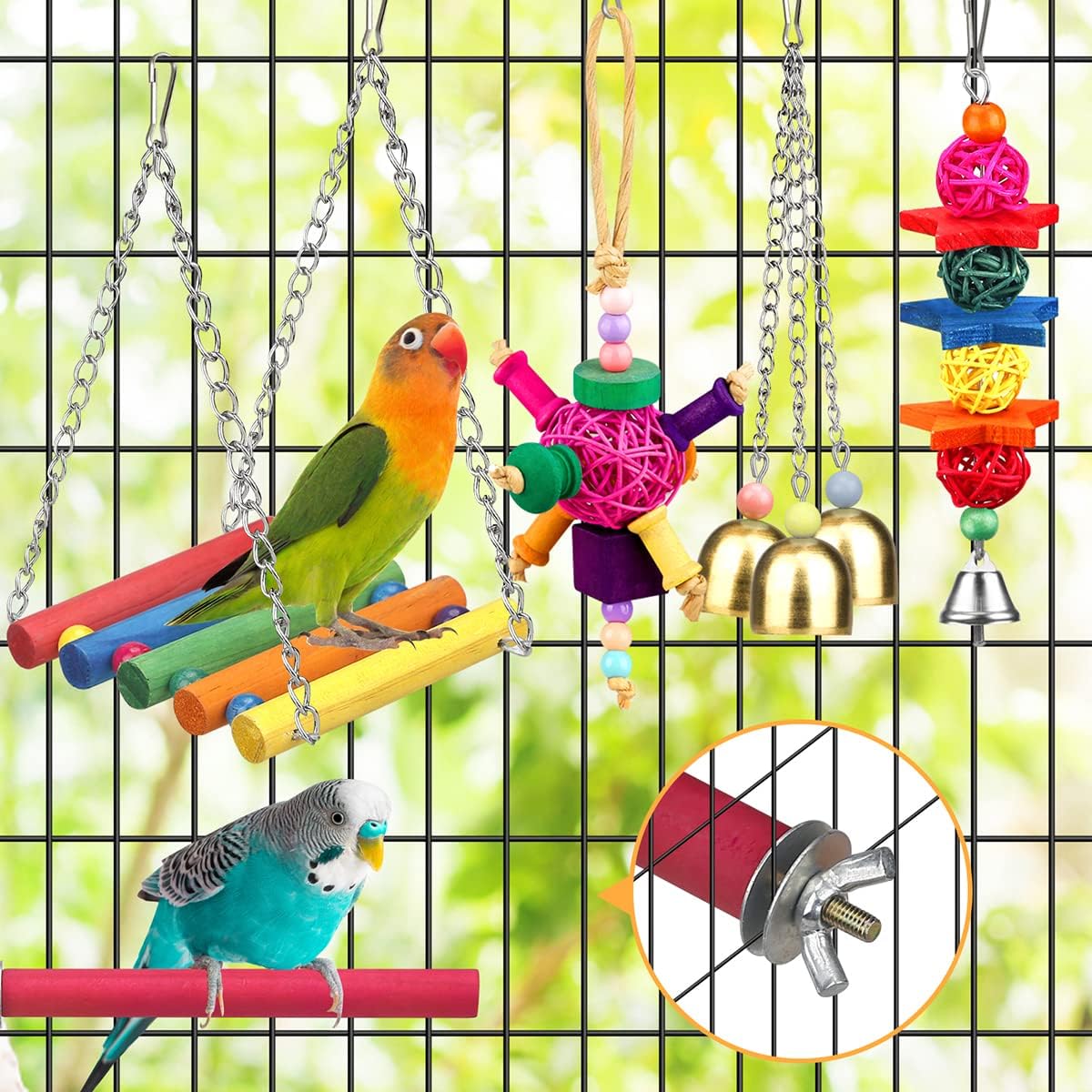 Bird Toys for Conures with Colorful Ladder Hammock Bird Cage Accerious Bird Perch Stand Chewing Toys Hanging Bell Parrot Parakeet Cockatiel Lovebirds