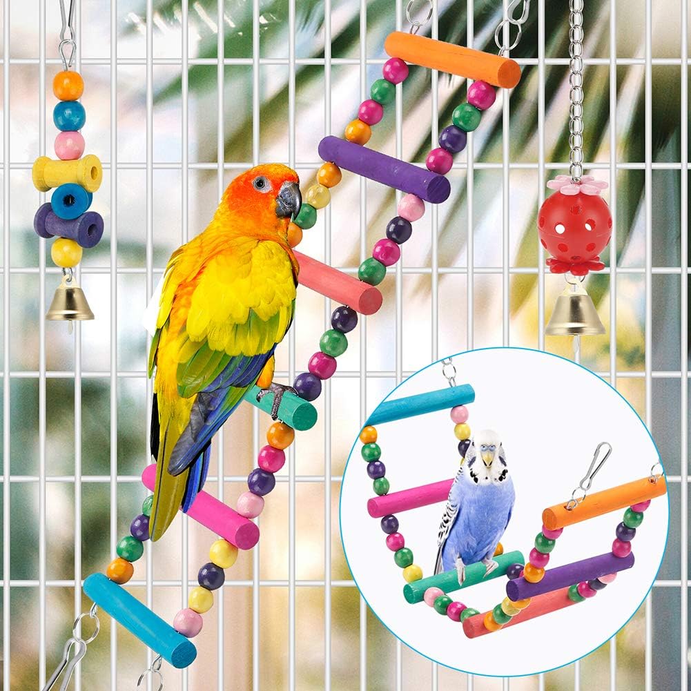 Juguetes para periquitos de pájaros, columpio colgante de pie, juguete para masticar, hamaca, escalera para escalar, jaula para pájaros, juguetes coloridos adecuados para periquitos, periquitos, conures, cacatúas, mynah, pájaros del amor, pinzones 