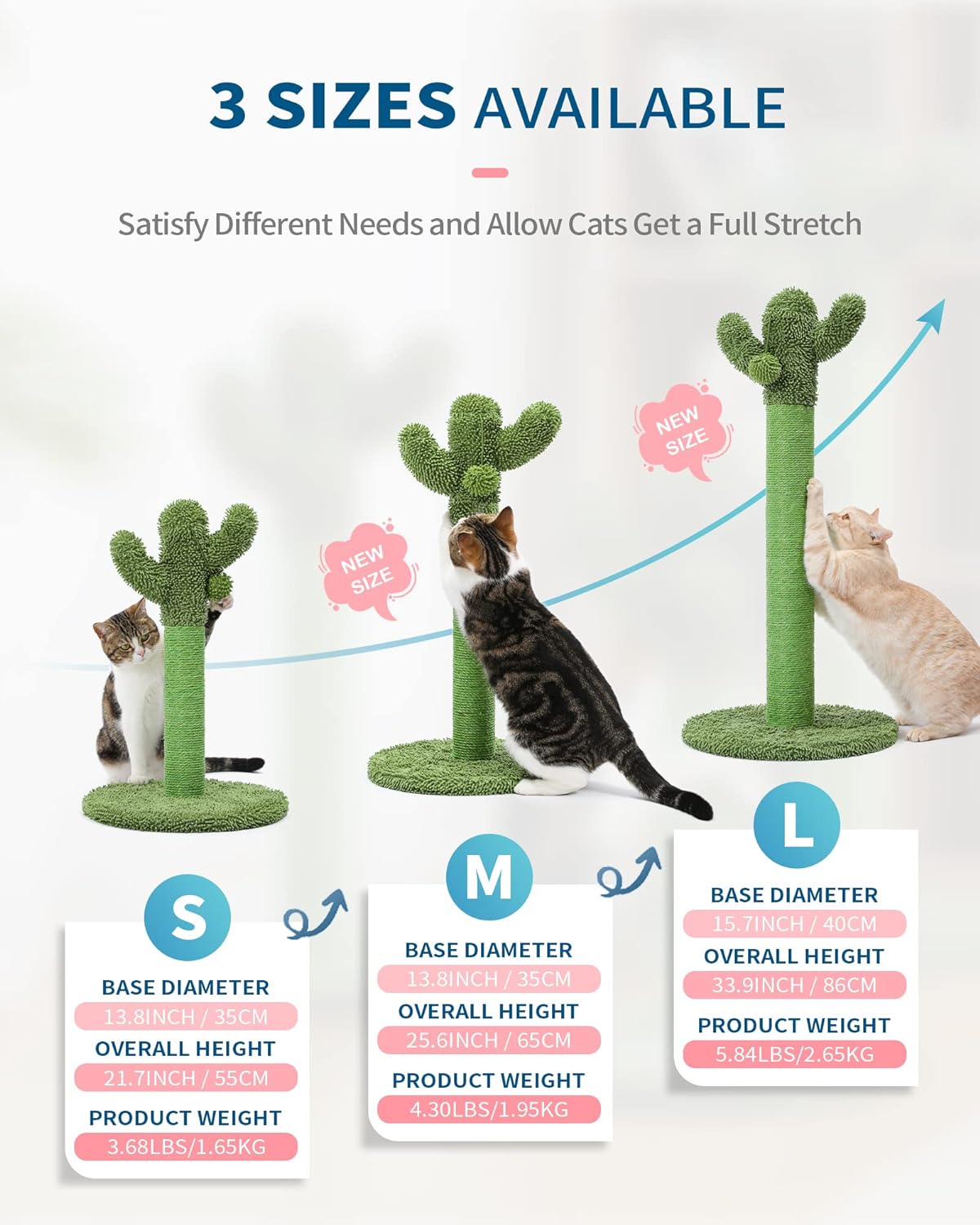 Made4Pets Cat Scratching Post, Cactus Cat Scratcher Kitten Scratch Post with Sisal Rope for Indoor Cats Claw Scratcher, Vertical Green Cat Tree with Dangling Ball for Kitties, Medium-25.6 inches