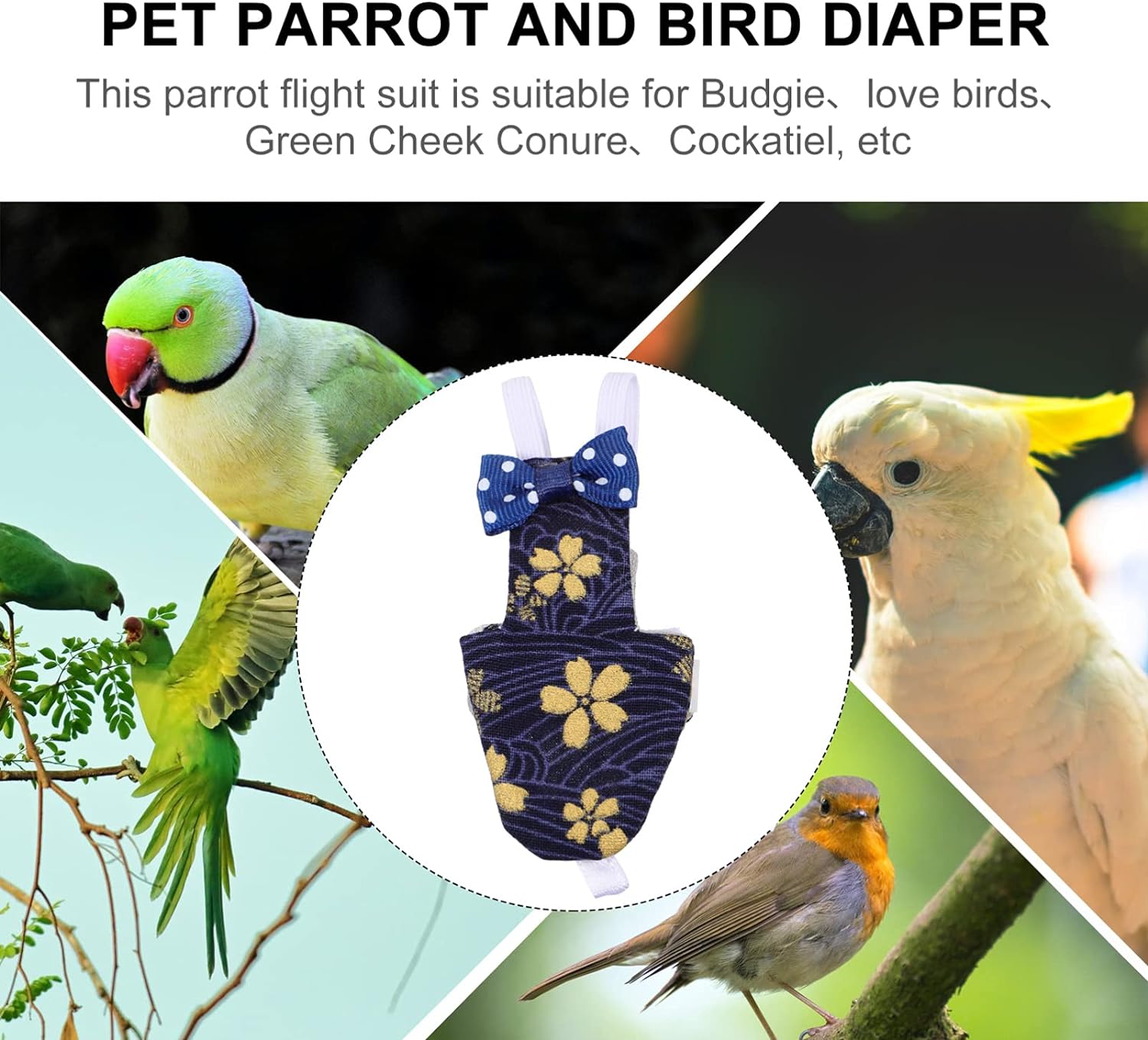 Bird Diaper - Bird Flight Suit Washable Reusable Parrots Nappy Clothes with Leash Hole Parrot Diaper Bird Clothes Bird Suit for Budgie Parakeet Cockatiel