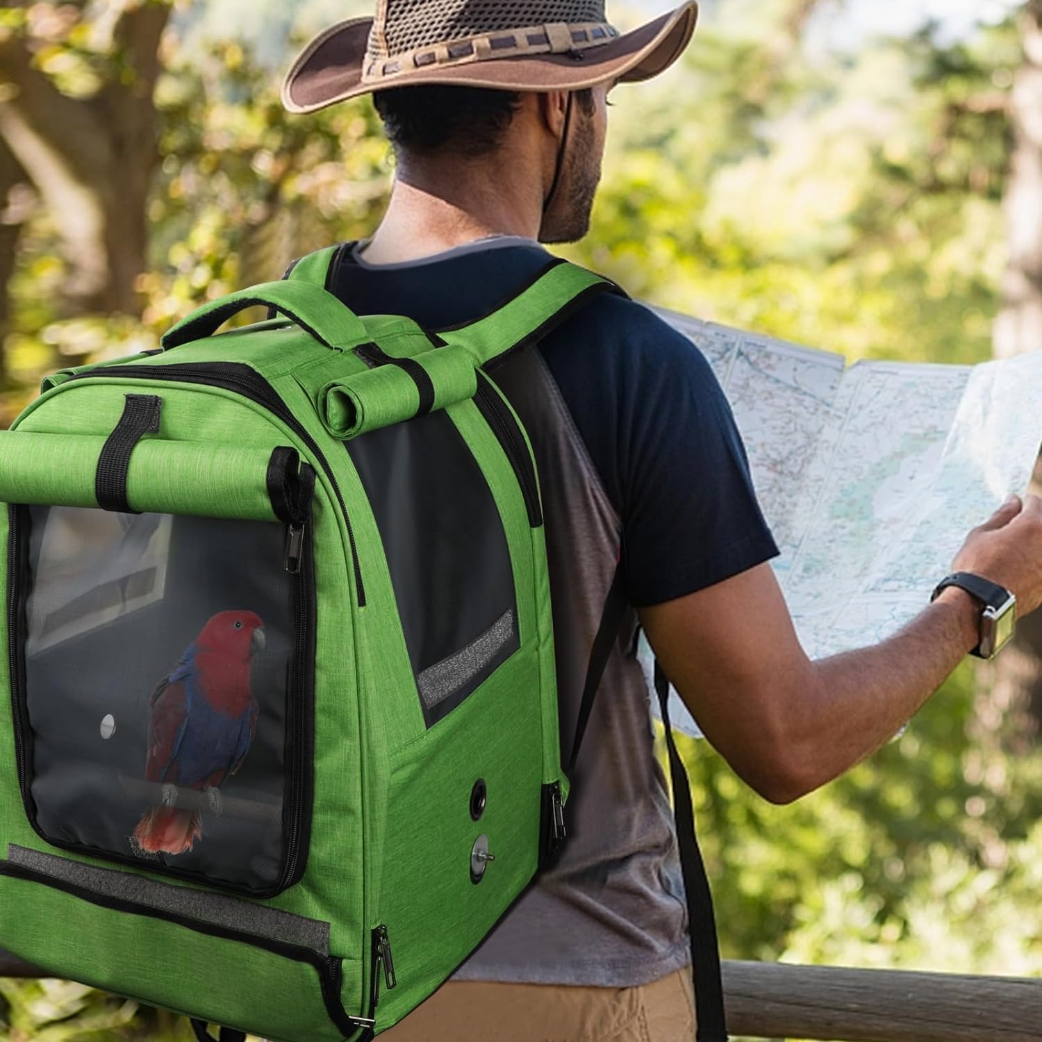 HUMLANJ Mochila grande para transportar pájaros, jaula de viaje portátil para pájaros, bolsa de viaje transpirable para exteriores con percha y bandeja para pájaros medianos a grandes, loros 