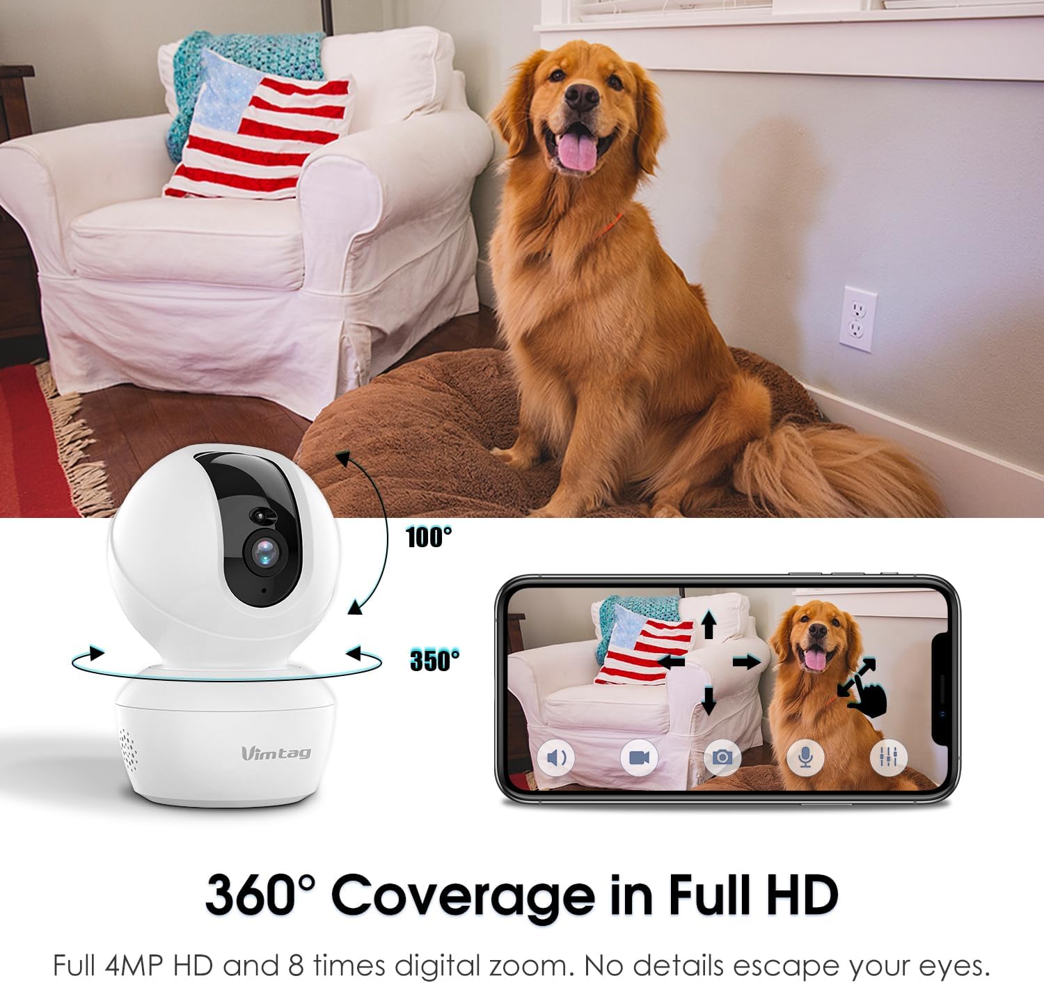 VIMTAG Pet Camera, 2.5K HD Pet Cam, 360° Pan/Tilt View Angel with Two Way Audio, Dog Camera with Phone APP, Motion Tracking Alarm,Night Vision,24/7 Recording with Cloud/Local SD, Smart Home Indoor Cam