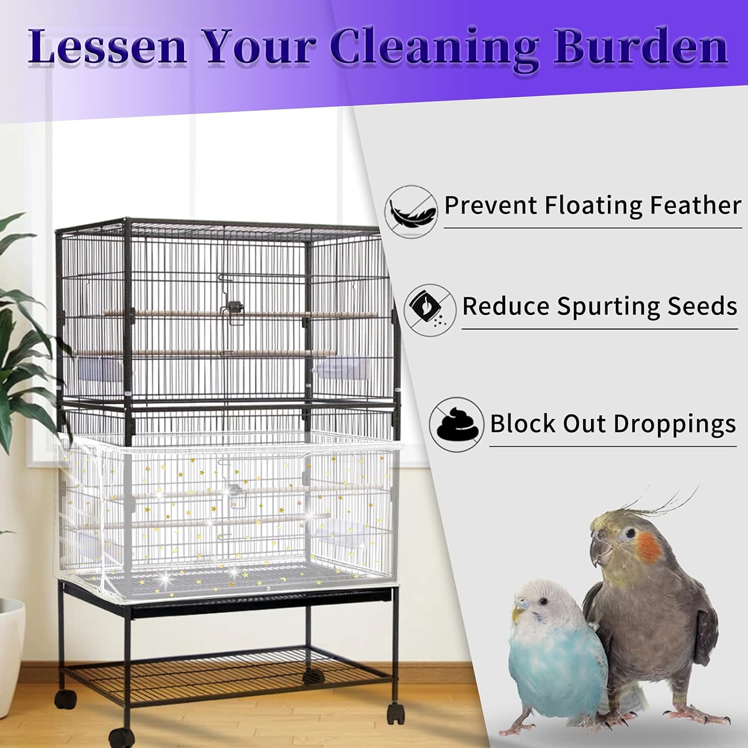 Daoeny Large Bird Cage Cover, Bird Cage Seed Catcher, Adjustable Soft Airy Nylon Mesh Net, Birdcage Cover Skirt Seed Guard for Parrot Parakeet Macaw African Round Square Cages (Black)