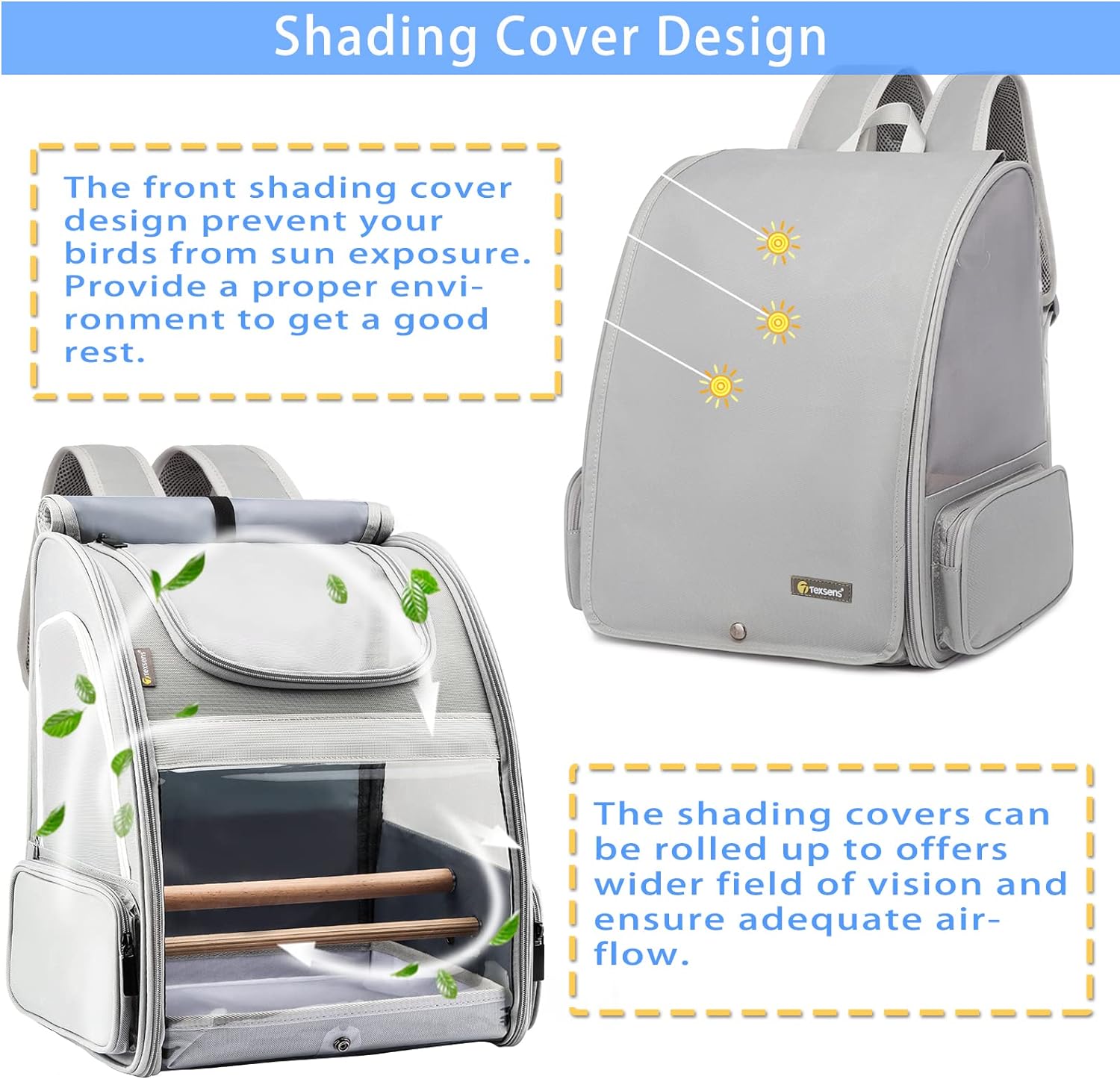 KiiDAS Pet Bird Carrier Parrots Backpack for Travelling Hiking, With Stainless Steel Tray & 2 Standing Perch, Breathable Birds Travel Cage for Small Birds, Conures, Green Cheek, Cockatiel (Light Gray)