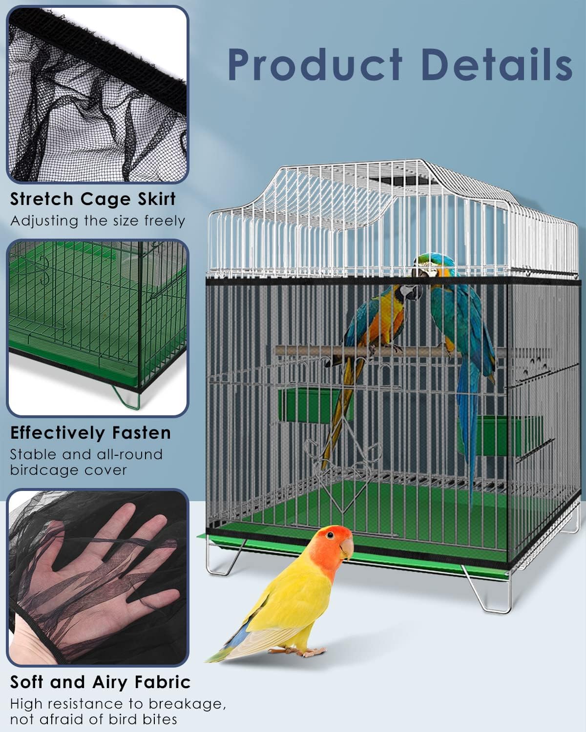 Bissap Bird Cage Seed Catcher, Universal Birdcage Net Nylon Adjustable Elastic Band Stretchy Skirts Mesh Cover for Parrot Cage Seed Guard (Not Include Birdcage)- White