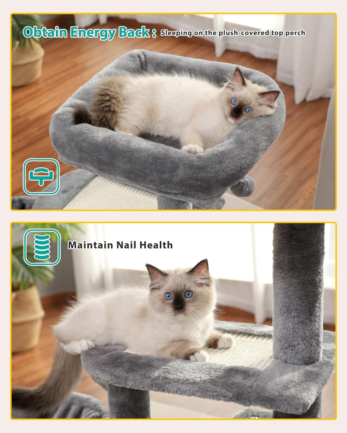 PETEPELA Árbol para gatos pequeños de interior, torre de felpa para gatos con condominio grande para gatos, hamaca profunda y poste rascador de sisal para gatitos, color gris 