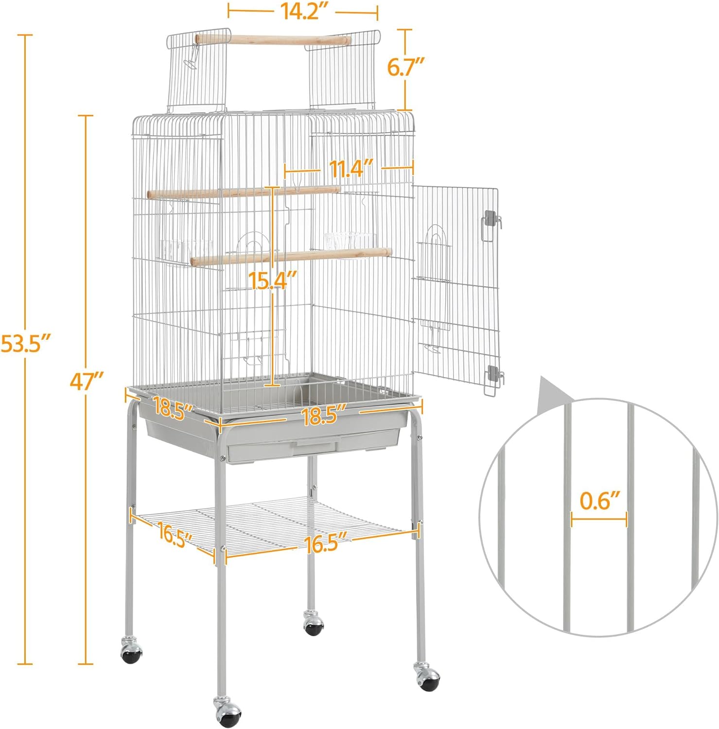 Yaheetech Open Top Rolling Parrot Bird Cage for Cockatiel Sun Parakeet Green Cheek Conure Mid-Sized Parrot Cage with Detachable Stand