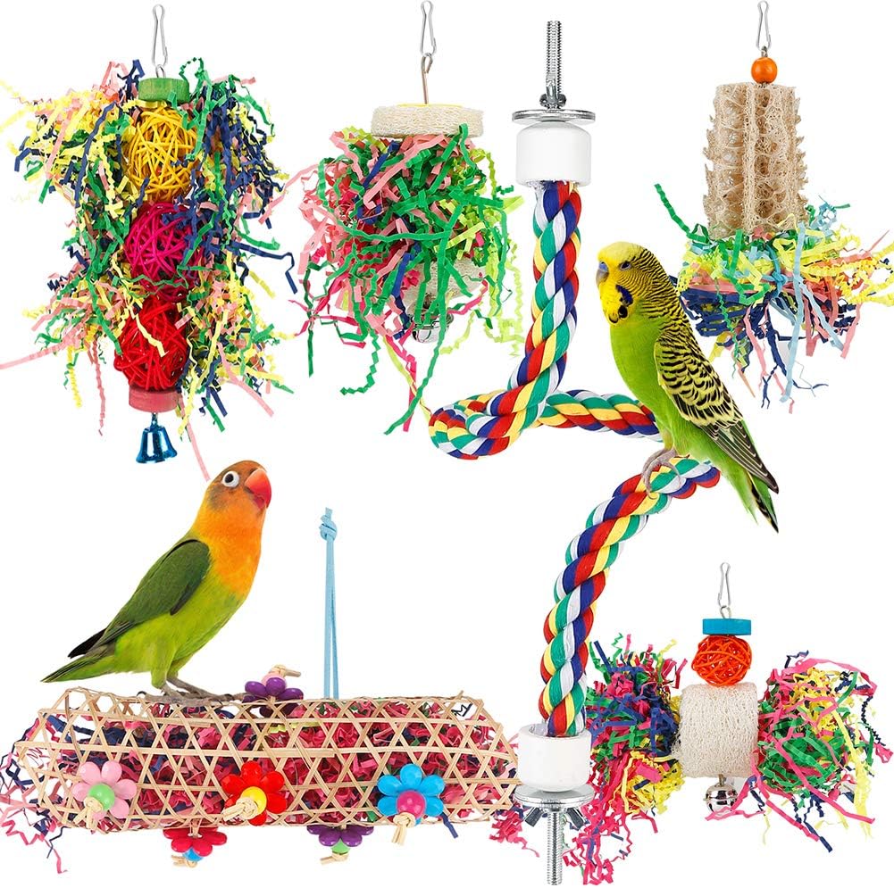 Bird Toys Bird Shredding Foraging Toys Parakeet Toy Chewing Hanging Toy Bird Shredded Paper Bird Cage Accessories Bird Rope Perch for Conure Cockatiel Budgies Lovebird Parrotlet (Without Rope Perch)