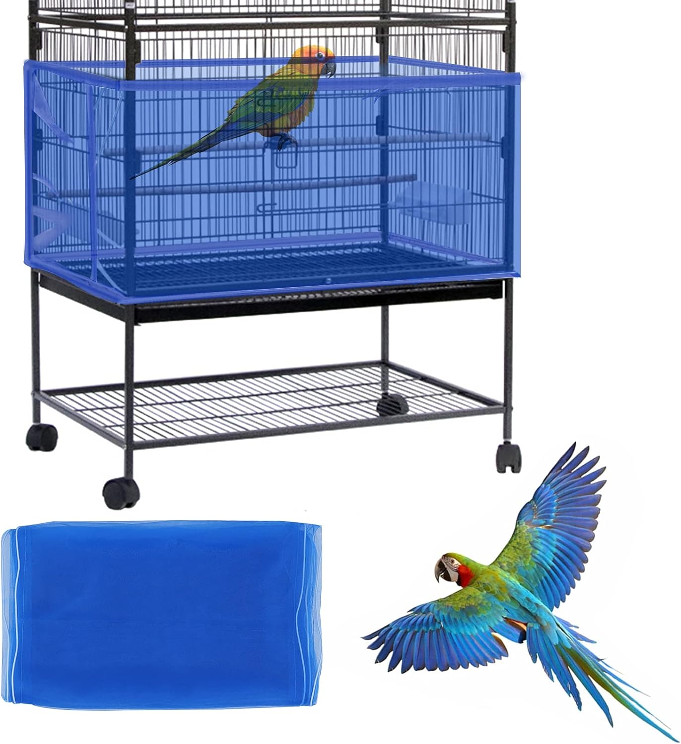 Daoeny Large Bird Cage Cover, Bird Cage Seed Catcher, Adjustable Soft Airy Nylon Mesh Net, Birdcage Cover Skirt Seed Guard for Parrot Parakeet Macaw African Round Square Cages (Black)