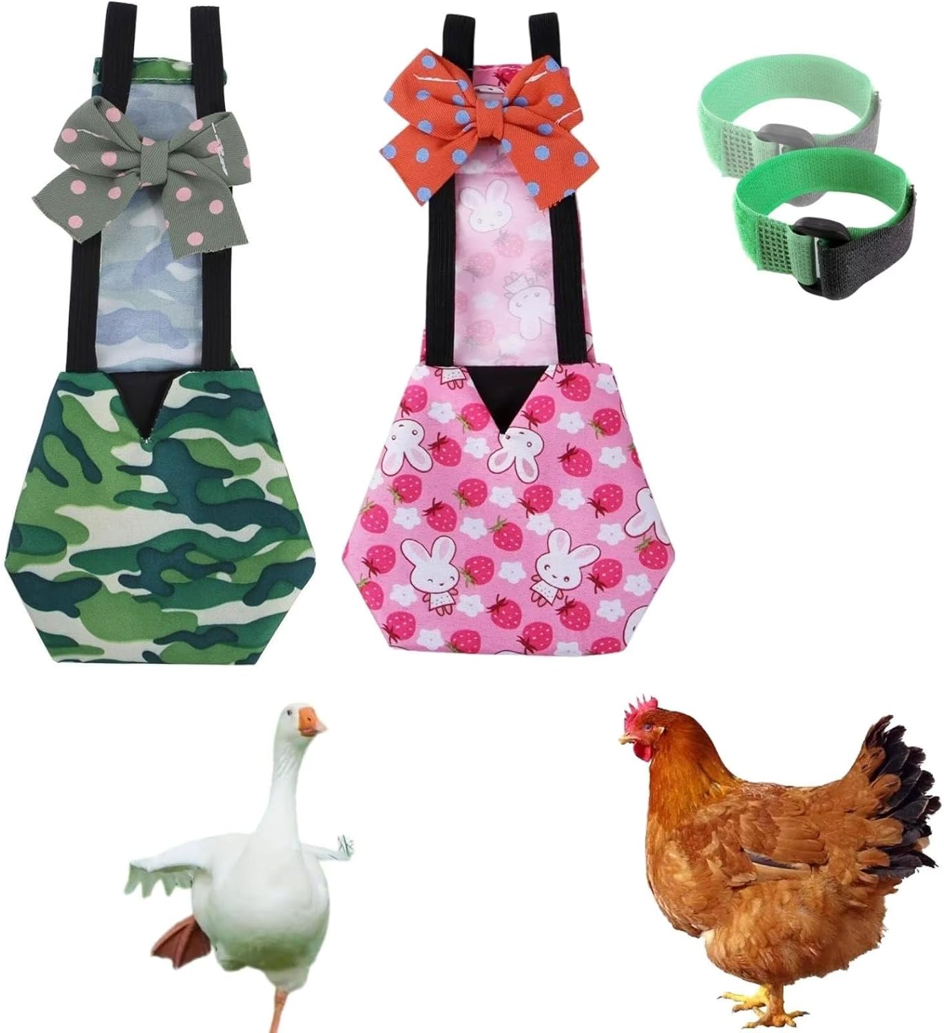 2 pañales de pollo reutilizables con 2 paquetes de collar de gallo, pañales para aves de corral, pañales para mascotas de uso múltiple para pollitos, patitos y ansarones, pañales de pato lavables con pajarita, accesorios para pollo (mediano) 