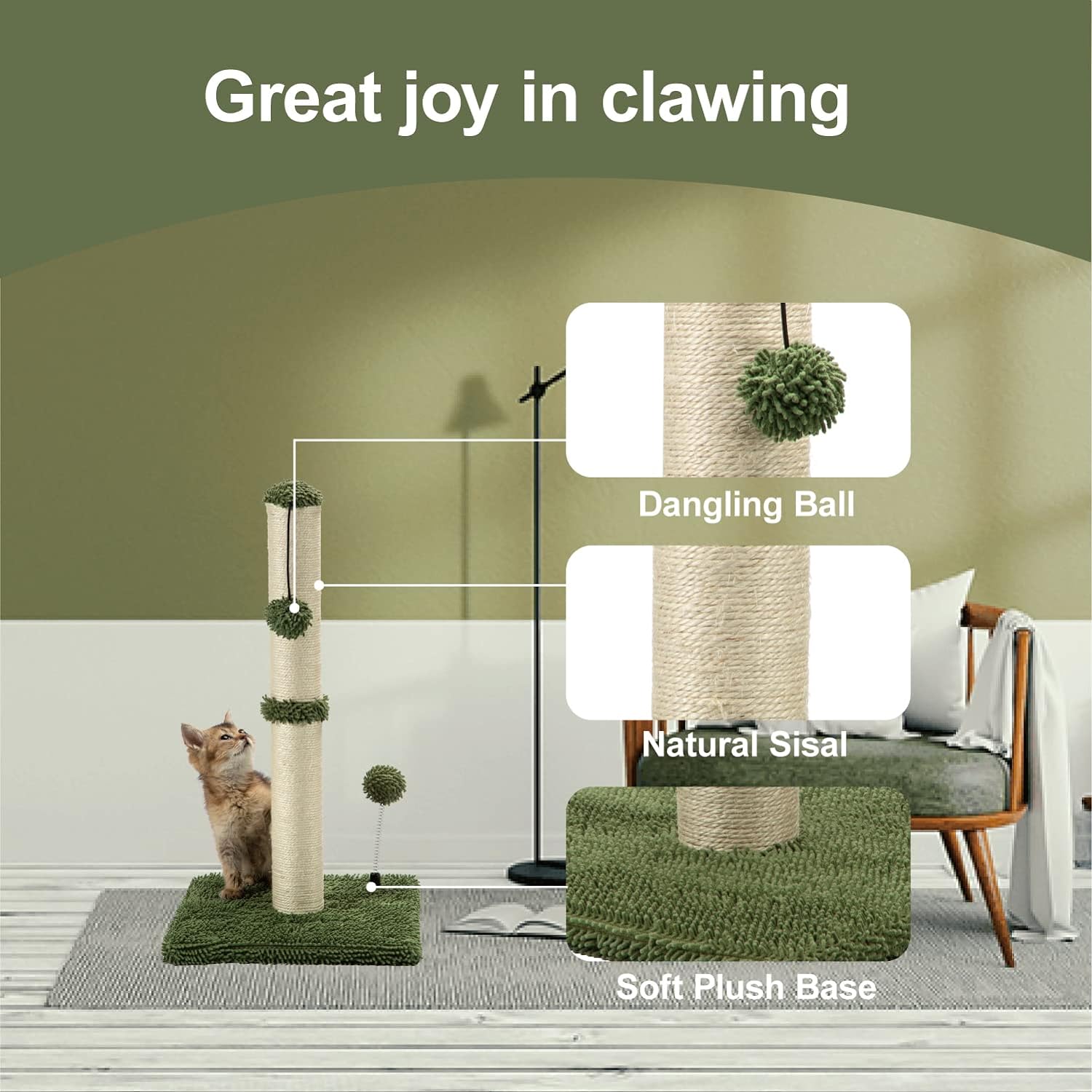 MECOOL 34 Zoll hoher Katzenkratzbaum Premium Basics Kitten Scratcher Sisal-Kratzbäume Bäume mit hängendem Ball für Hauskatzen (34 Zoll für erwachsene Katzen, Beige) 