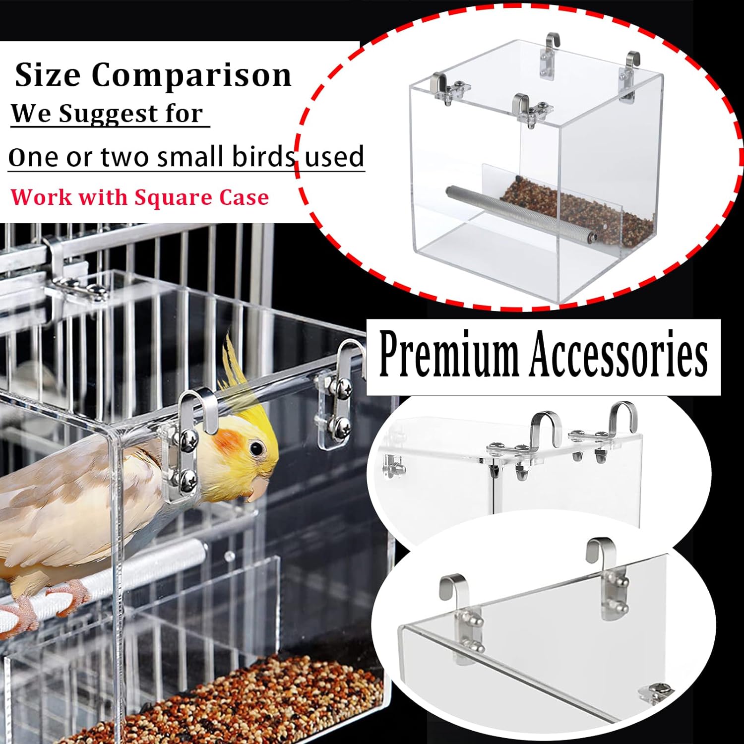 Bird Cage Feeder, No Mess Bird Feeder for Cage, No Spill Automatic Bird Feeder for Cage Mess Free Bird Feeder for Parakeet Parrot Cockatiels Lovebirds Bird Cage Seed Feeder 5.1Inch