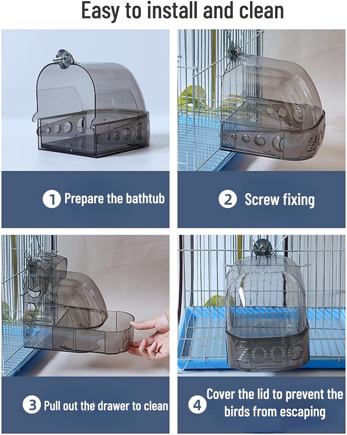 Jaula de baño para pájaros, suministros de limpieza para mascotas, bañera transparente para pájaros cacatúas con cajón inferior para loros pequeños, periquitos espaciosos, ducha portátil para la mayoría de las jaulas de pájaros 