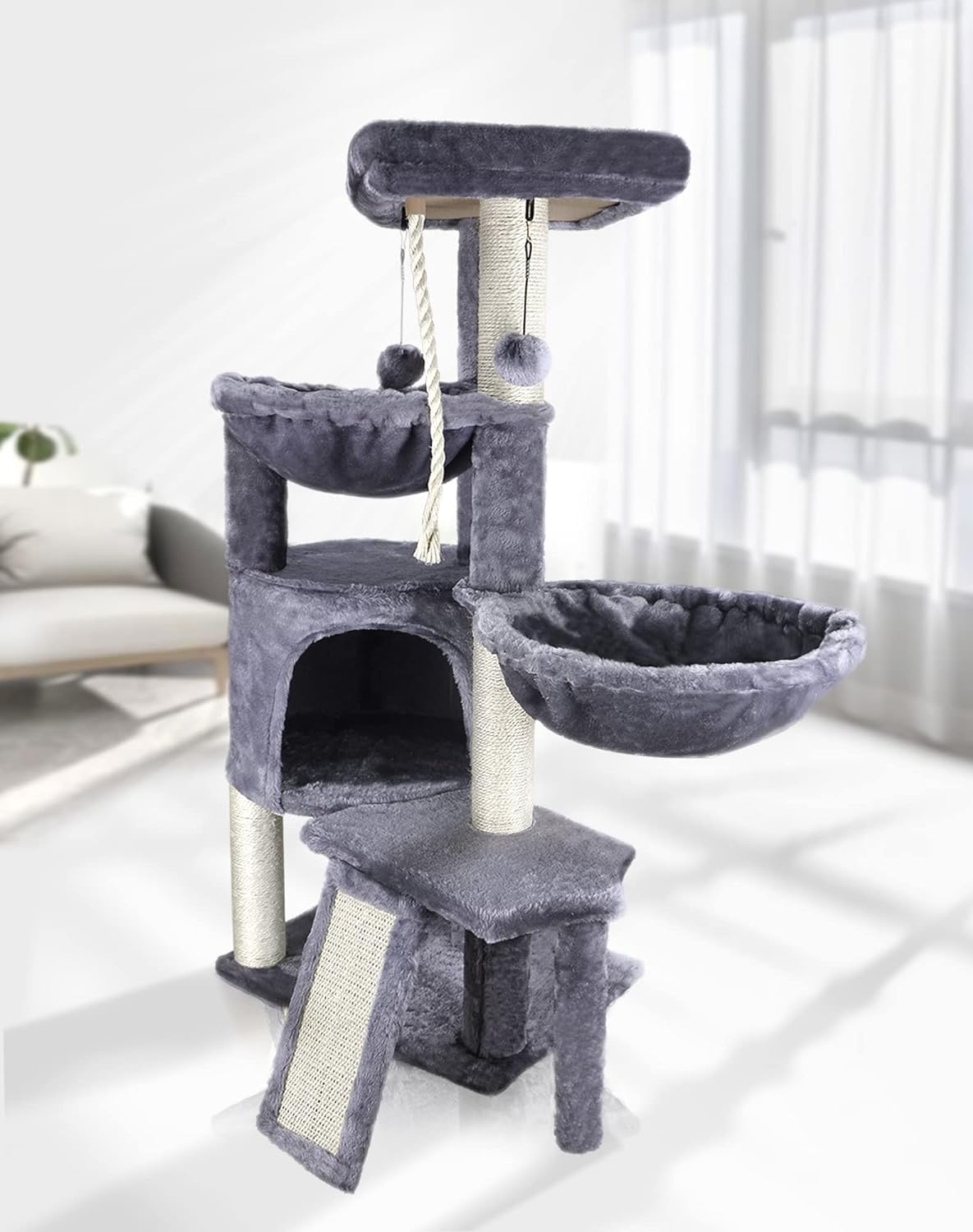 Xin Three Layer Cat Tree with Cat Condo and Two Hammocks,Grey