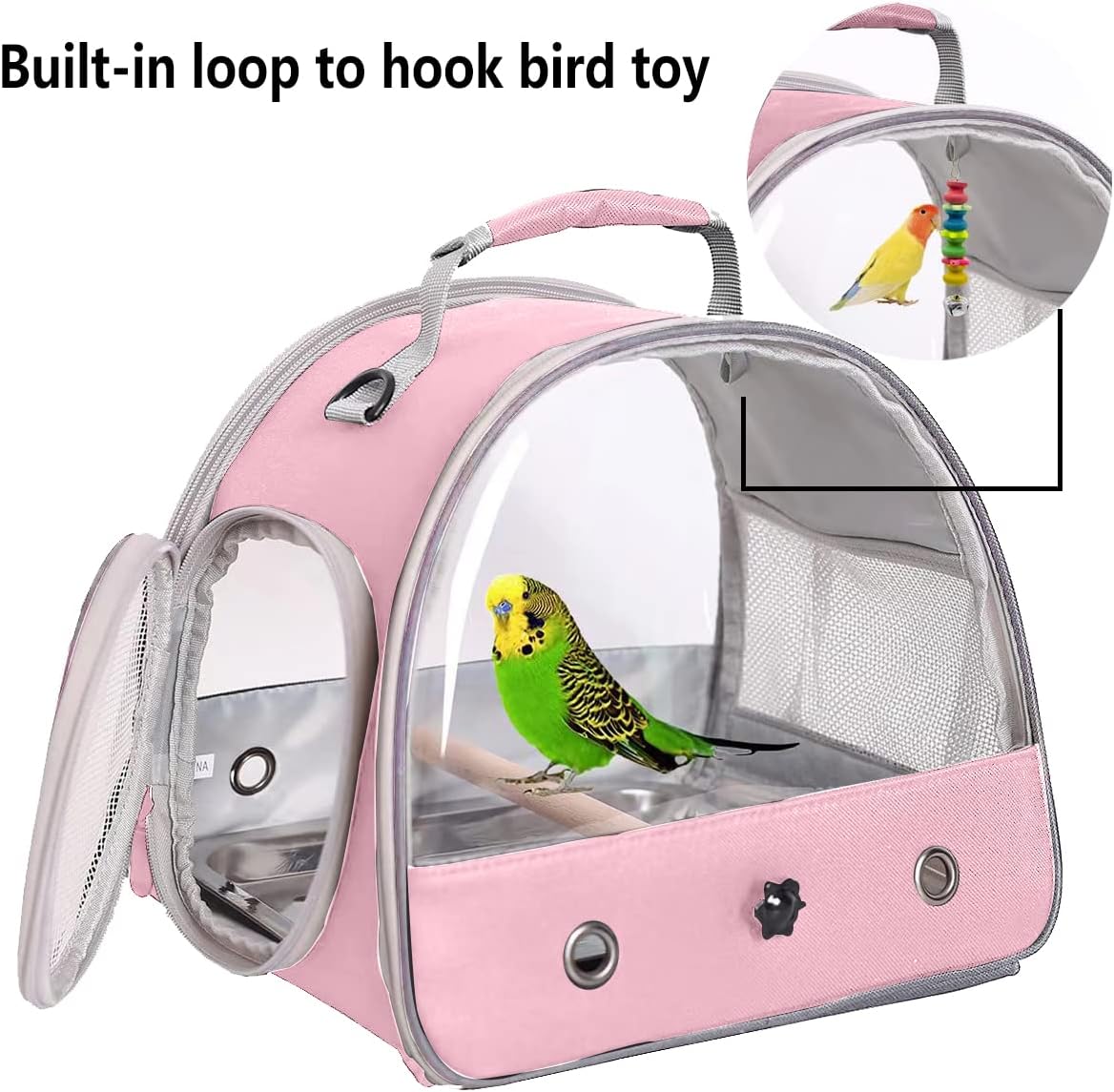 Small Bird Travel Cage Carrier, Portable Small Bird Parrot Parakeet Carrier with Standing Perch and Stainless Steel Tray, Side Access Window Collapsible