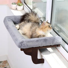 Zakkart Percha para gato para alféizar de ventana con refuerzo - Diseño de hamaca ortopédica con madera dura de primera calidad y marco de metal robusto - Asiento de ventana para gatos y gatitos grandes - Madera de color natural con cama gris 