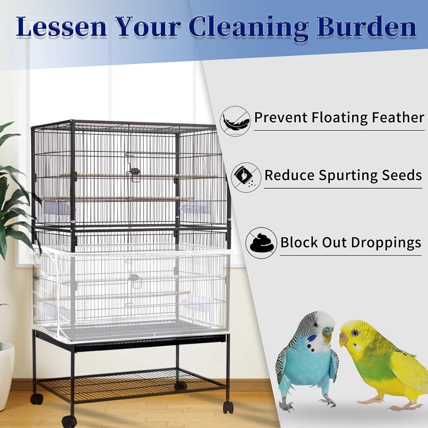 Daoeny Large Bird Cage Cover, Bird Cage Seed Catcher, Adjustable Soft Airy Nylon Mesh Net, Birdcage Cover Skirt Seed Guard for Parrot Parakeet Macaw African Round Square Cages (Black)